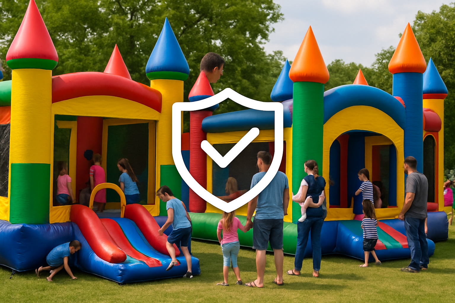 colorful bounce houses set up at an event with families enjoying them safely, with an insurance document or shield icon overlaid to represent protection