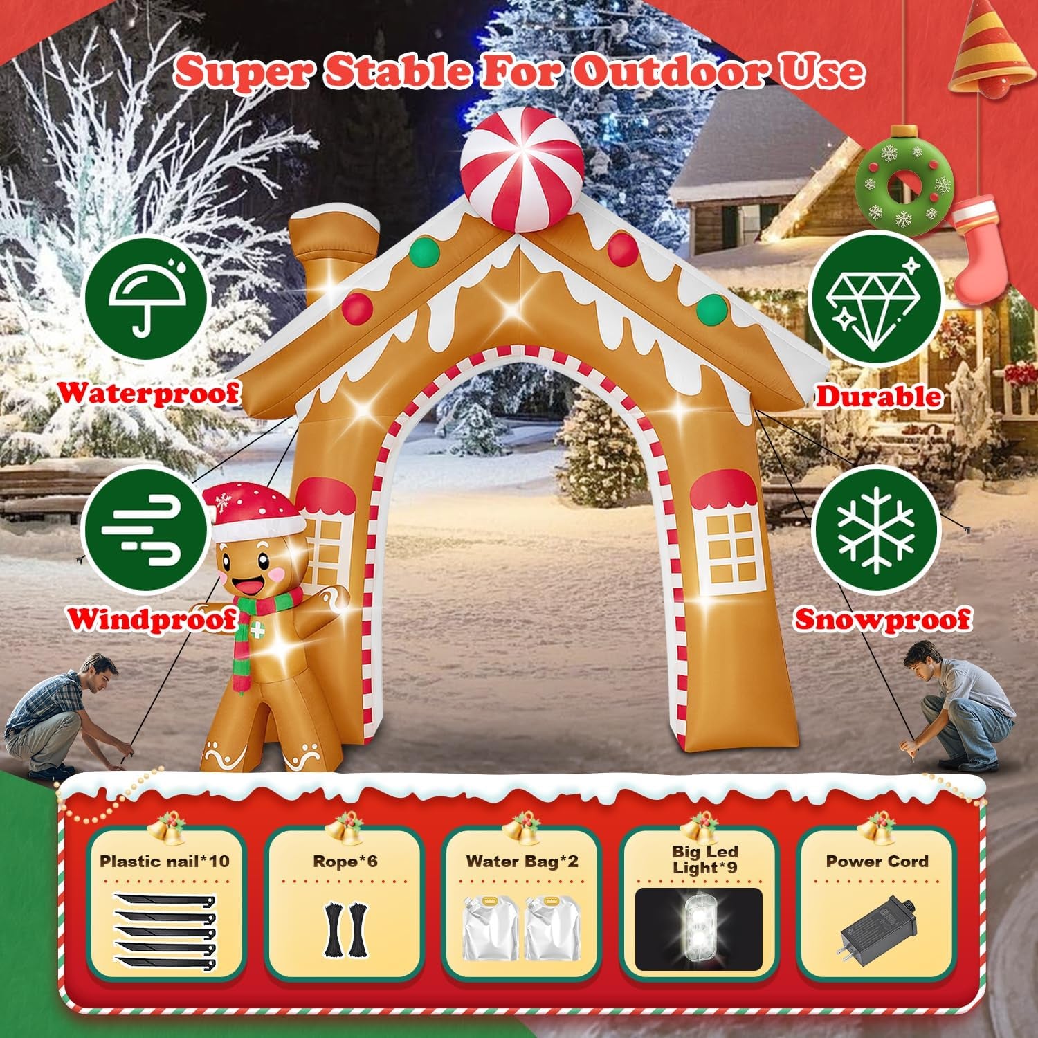 10FT Christmas Inflatable Archway Outdoor Decorations, Giant Blow Up Gingerbread House and Man Arch Yard Decoration, Xmas Decor Build-in LED Lights for Garden Lawn Yard Porch Holiday Party