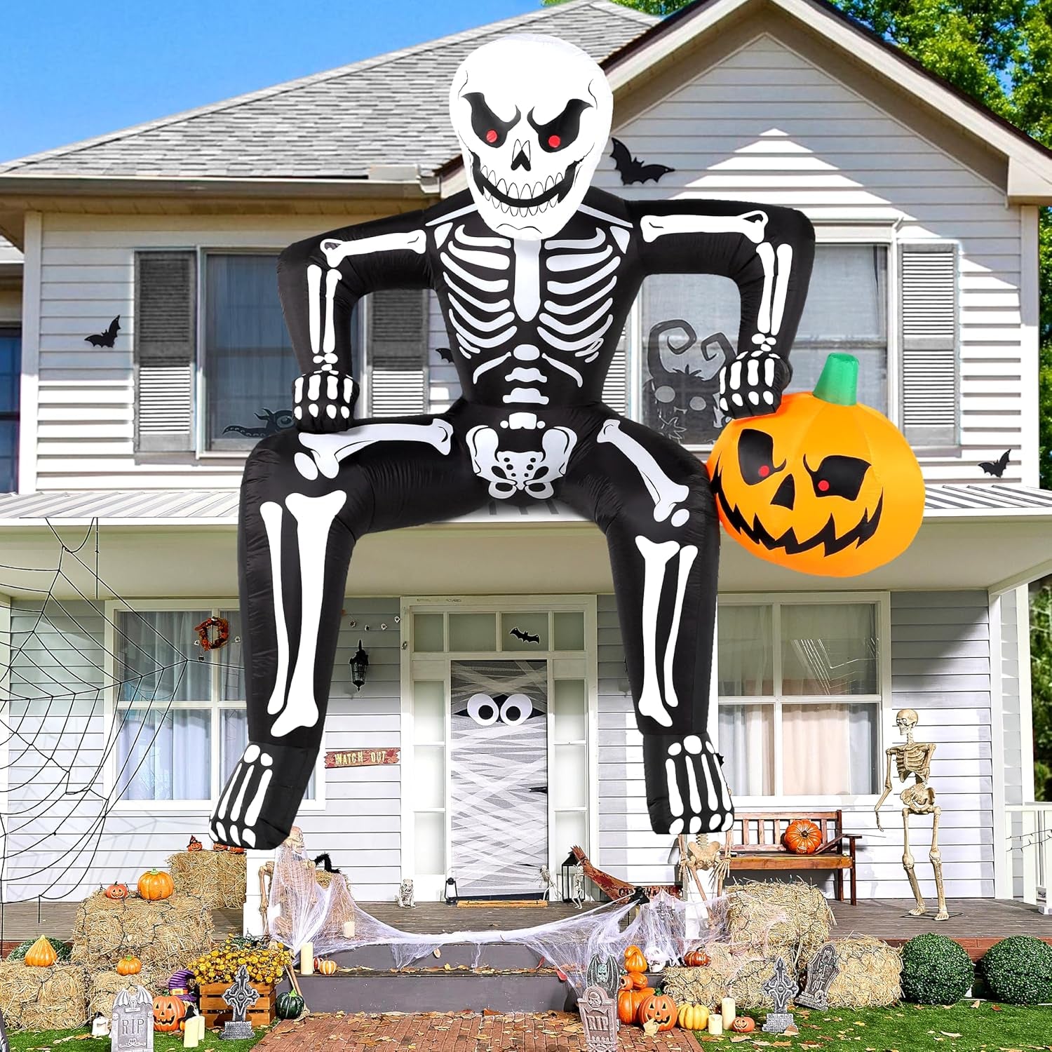 8.5ft Halloween Inflatable Skeleton, Blow Up Skeleton Holding Pumpkin for Rooftop Outdoor Decoration with LED Light, Blow Up Skeleton Sitting On The Roof for Halloween Rooftop Yard Party Decor