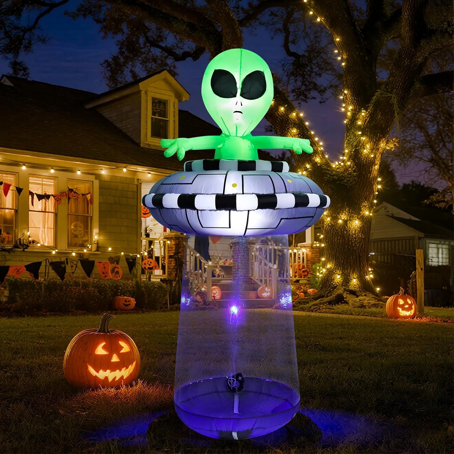 6FT Halloween Inflatable Alien with UFO Spaceship, Lighted Blow Up Outdoor Decoration with Spinning Lights, Giant Green Alien Prop for Lawn, Yard, Party, Haunted House
