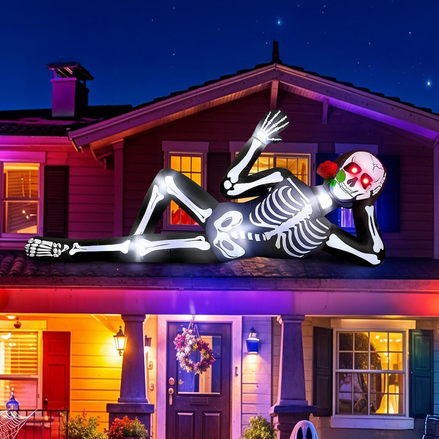 10FT Halloween Inflatables Skeleton Outdoor Decorations, Giant Lying Inflatable Skeletons with Glowing Red Eyes, Scary Halloween Blow Ups Yard Decorations for outside Lawn, Garden, Roof