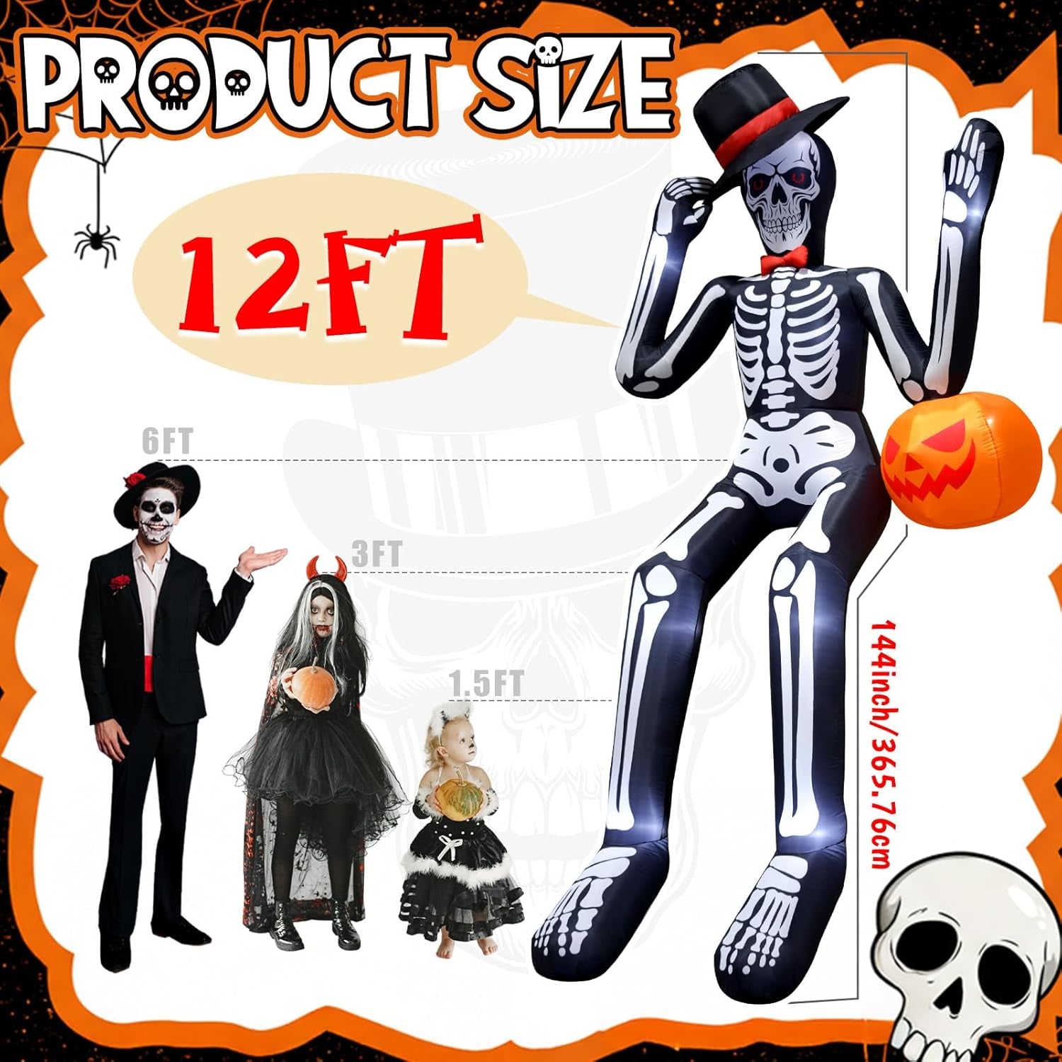 12 FT Halloween Inflatable Outdoor Decoration, Giant Sitting Skeleton Halloween Blow up Yard Decorations with Built-in LEDs, Scary Halloween Inflatables for Roof Balcony Lawn Garden Decor
