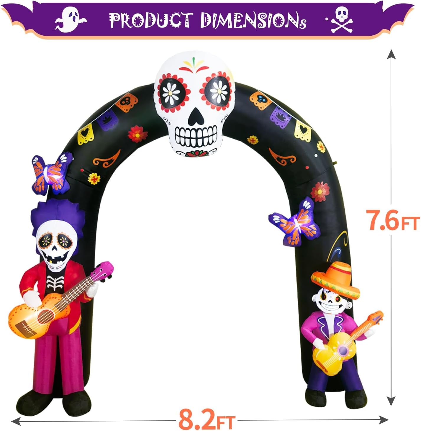 Halloween Inflatable Blow Up Decorations Archway, Dia de Los Muertos 8FT Day of Dead Arch with Skull Skeleton, Built-in LEDs for Holiday Party, Garden, Lawn, Yard, Patio Décor