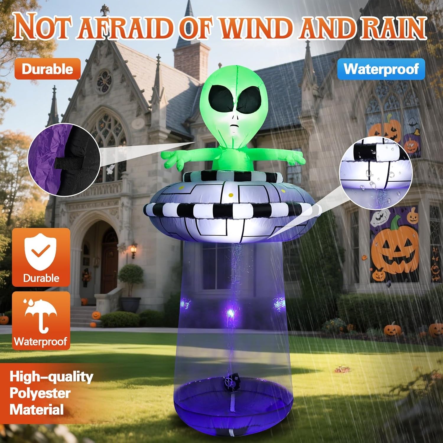 6FT Halloween Inflatable Alien with UFO Spaceship, Lighted Blow Up Outdoor Decoration with Spinning Lights, Giant Green Alien Prop for Lawn, Yard, Party, Haunted House