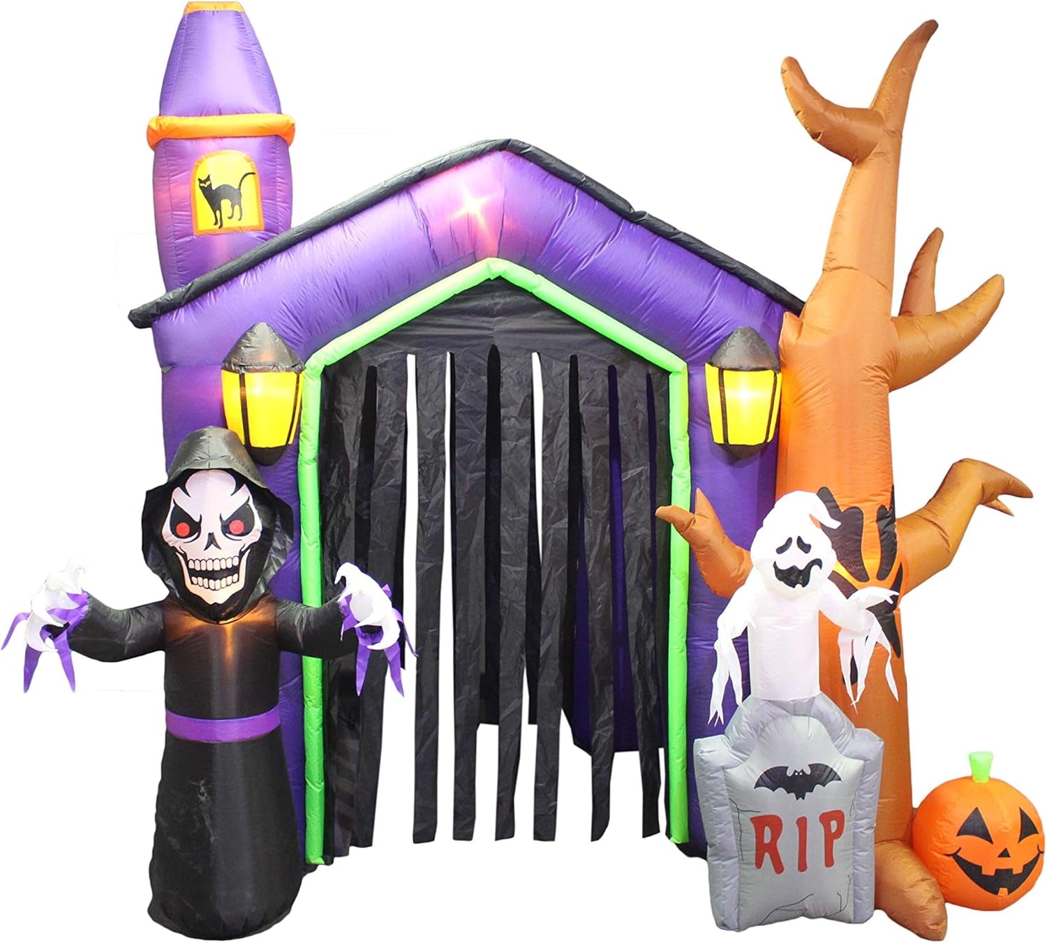 8.5 Foot Halloween Inflatable Haunted House Castle with Skeleton, Ghost, Tree and Pumpkin Lights Decor Outdoor Indoor Holiday Decorations, Blow up