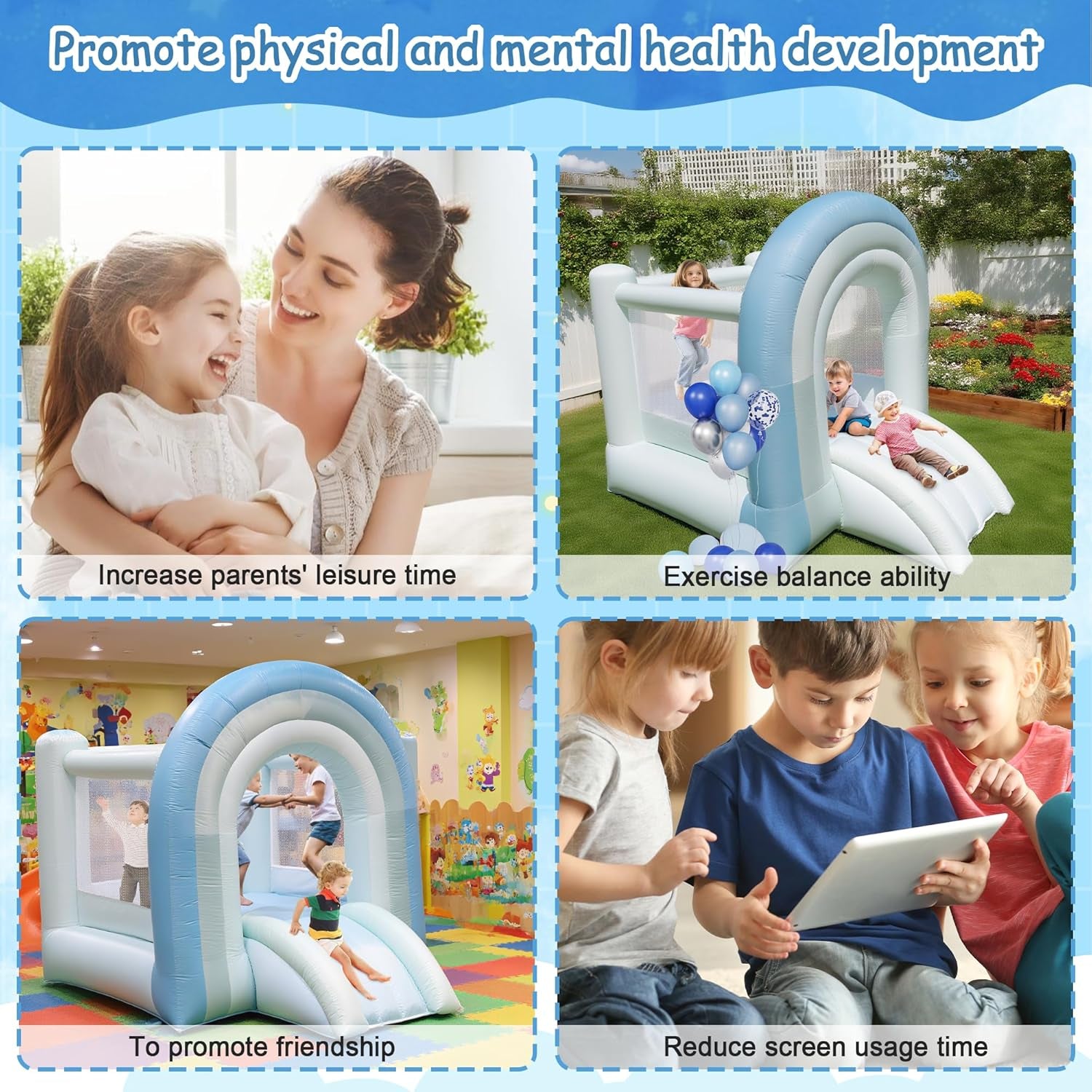 Bounce House, Inflatable Bounce House for Kids 3-8, White Blue Dream Bounce Castle with Blower, Large Jumping Area, Slide, DIY Rainbow Shaped Arched Doors, Perfect Bouncer for Kids Party