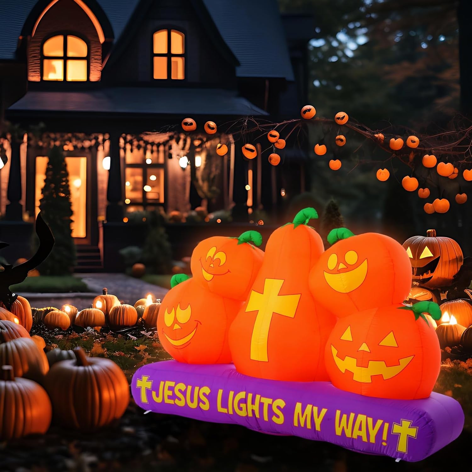 5 ft Halloween Christian Inflatable Pumpkins Decoration for Outdoor Jesus Lights My Way Inflatable Pumpkins Trunk or Treat Blow up Yard Decor Halloween with LED for Garden Lawn Holiday Decor