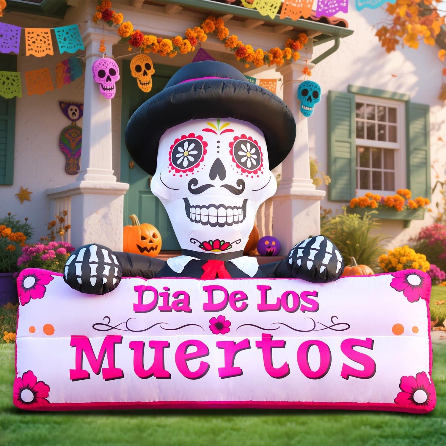 6FT Halloween Inflatable Blow Up Decorations, Dia de Los Muertos Day of Dead Banner, Build-in LED Lights Holiday Blow Up Yard Decoration for Halloween Party Outdoor Garden Yard Lawn Decor