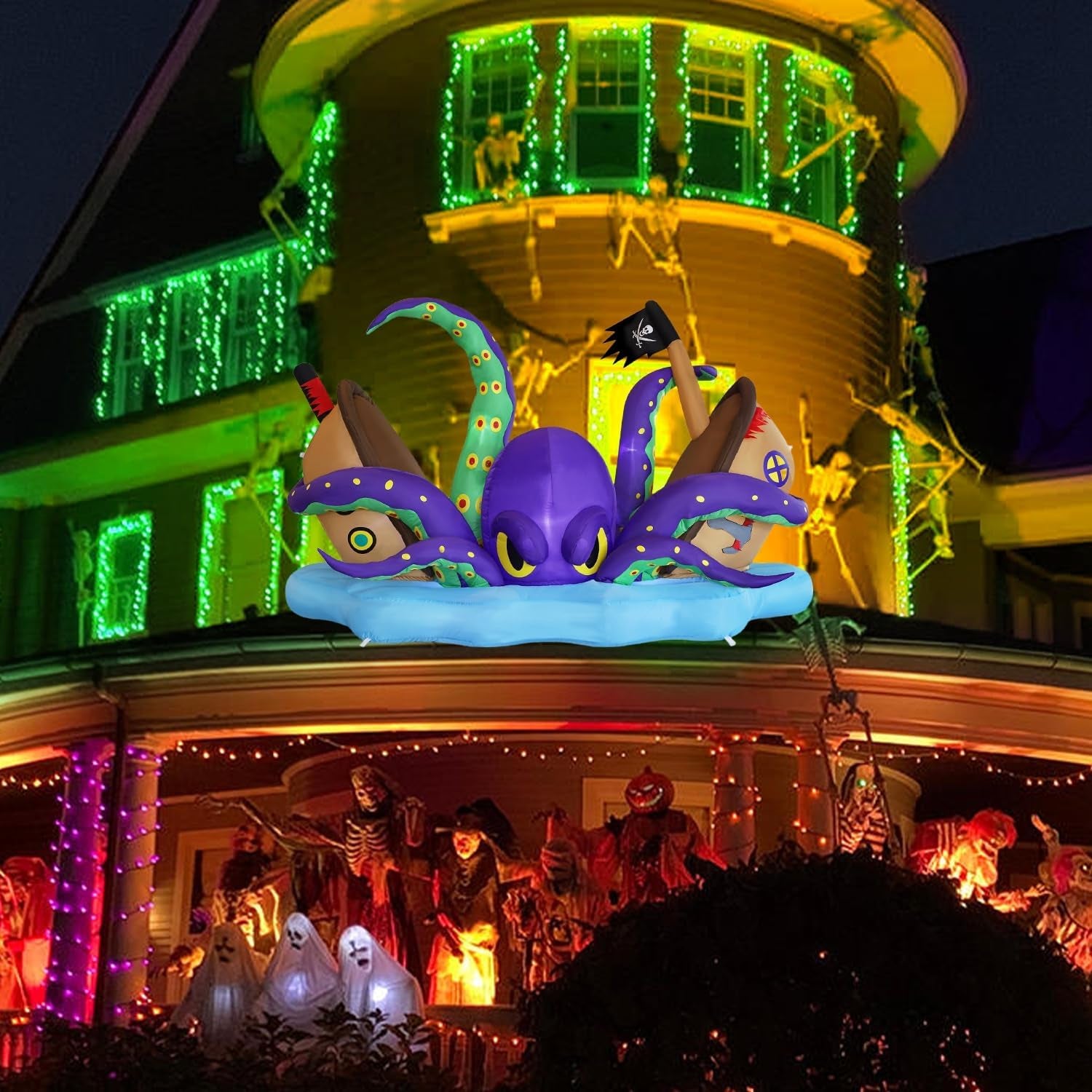 Halloween Inflatable Lighted Giant Octopus Attacked Pirate Ship, 7.5FT Long Spooky Purple Octopus & Haunted Ship with Lights, Animated Halloween Yard Prop, Outdoor Garden Lawn Blow up Decor