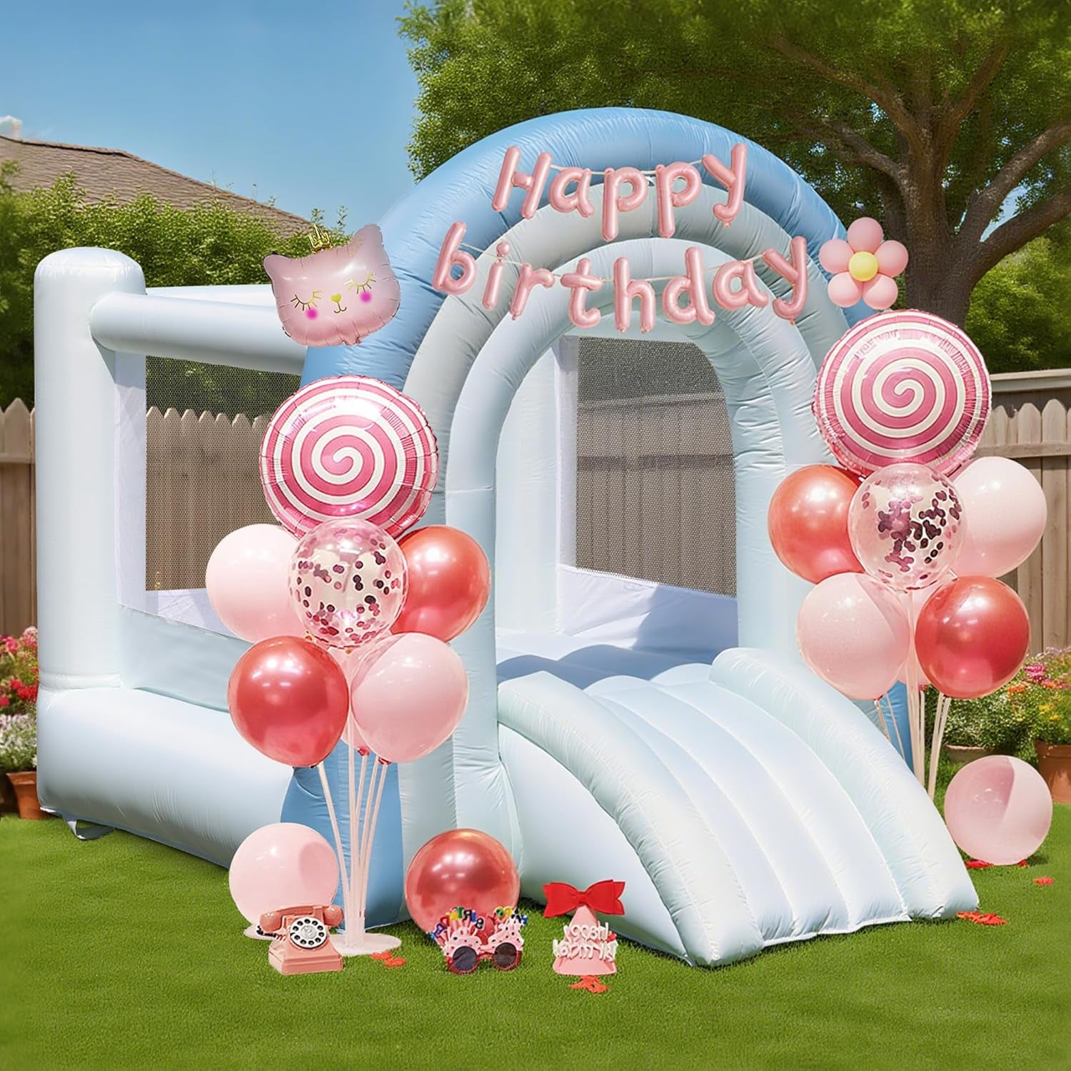 Bounce House, Inflatable Bounce House for Kids 3-8, White Blue Dream Bounce Castle with Blower, Large Jumping Area, Slide, DIY Rainbow Shaped Arched Doors, Perfect Bouncer for Kids Party