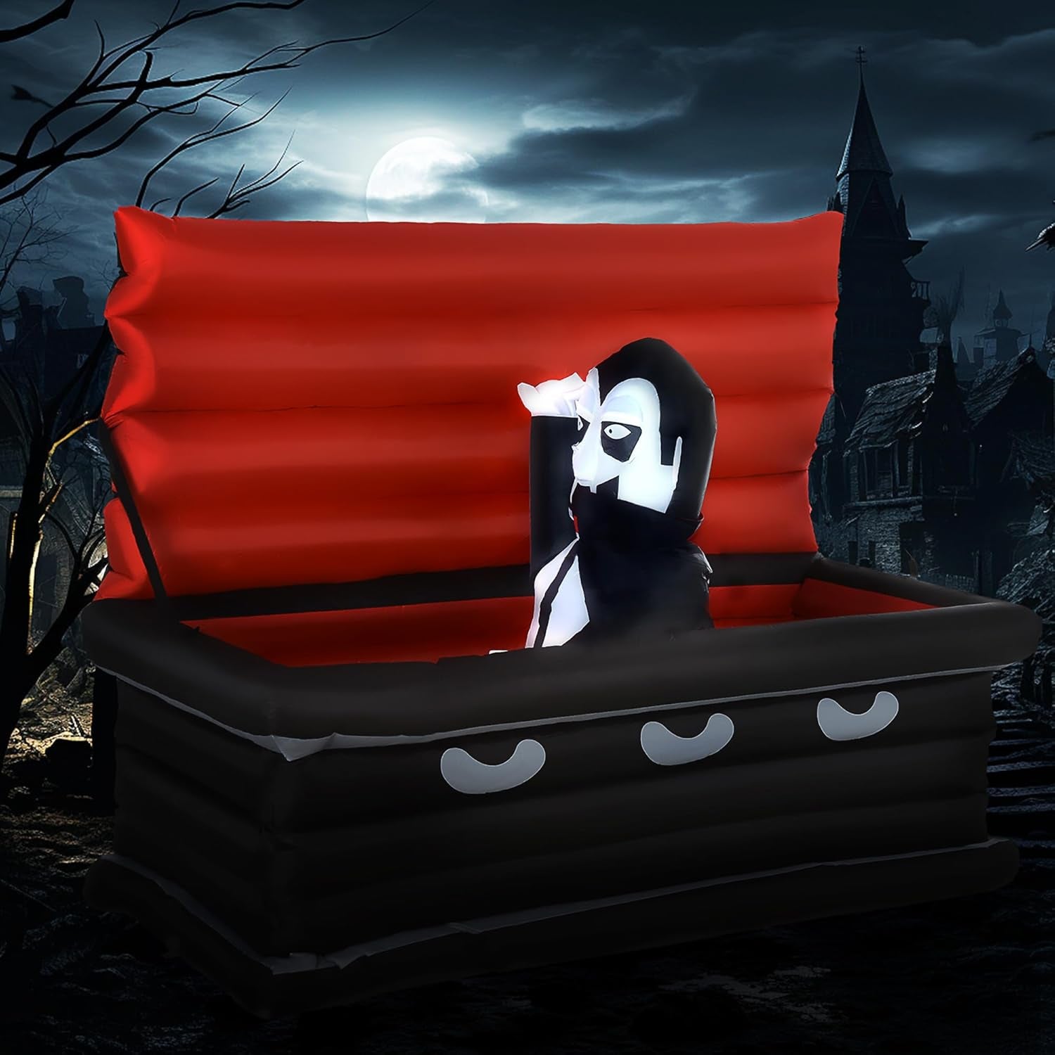 6FT W Halloween Inflatables Outdoor Decorations Vampire and Giant Coffin, Blow Up LED Yard Decor, for Garden, Lawn, Party, Holiday