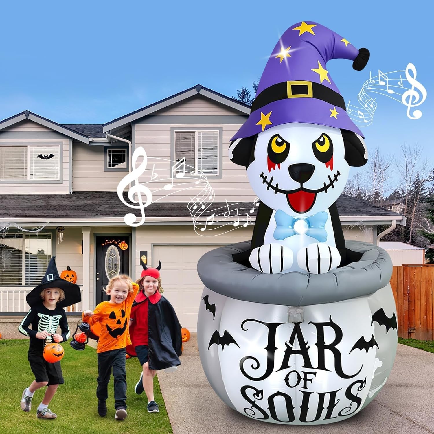 7FT Halloween Inflatables Animated Puppy Dog with Music, Witch Cauldron Halloween Blow Up Yard Decoration with Built-in LEDs for Indoor Outdoor Holiday Party Garden Lawn Decor