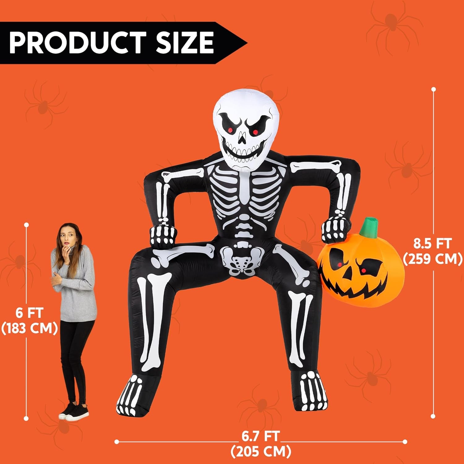 8.5ft Halloween Inflatable Skeleton, Blow Up Skeleton Holding Pumpkin for Rooftop Outdoor Decoration with LED Light, Blow Up Skeleton Sitting On The Roof for Halloween Rooftop Yard Party Decor