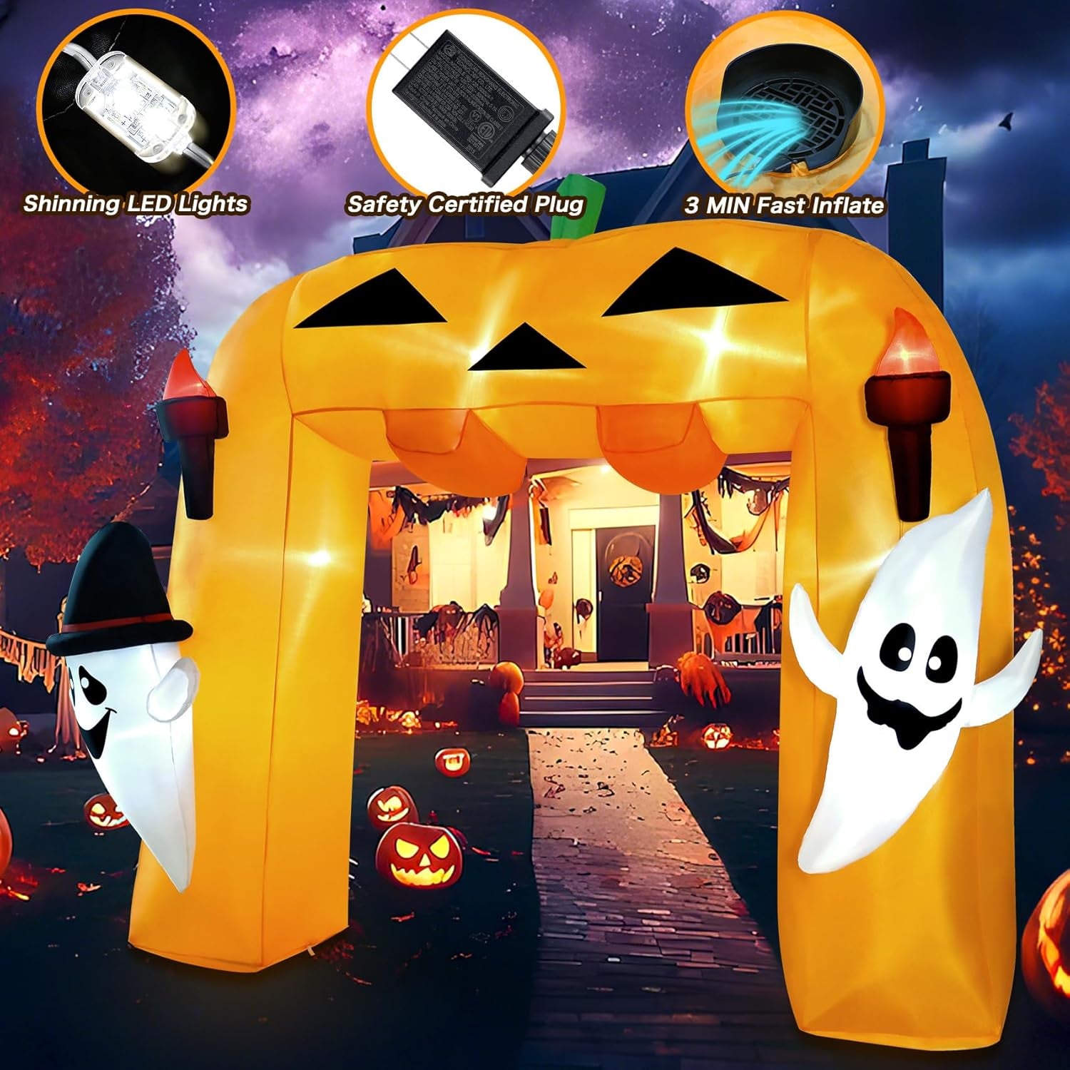 9FT Giant Halloween Inflatable Pumpkin Arch with Ghost Outdoor Decoration,Halloween Blow Up Archway with Tombstones and Around Cauldron Built-in LED Lights Yard Decorations Parties