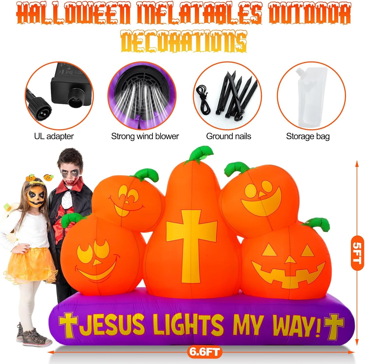 5 ft Halloween Christian Inflatable Pumpkins Decoration for Outdoor Jesus Lights My Way Inflatable Pumpkins Trunk or Treat Blow up Yard Decor Halloween with LED for Garden Lawn Holiday Decor