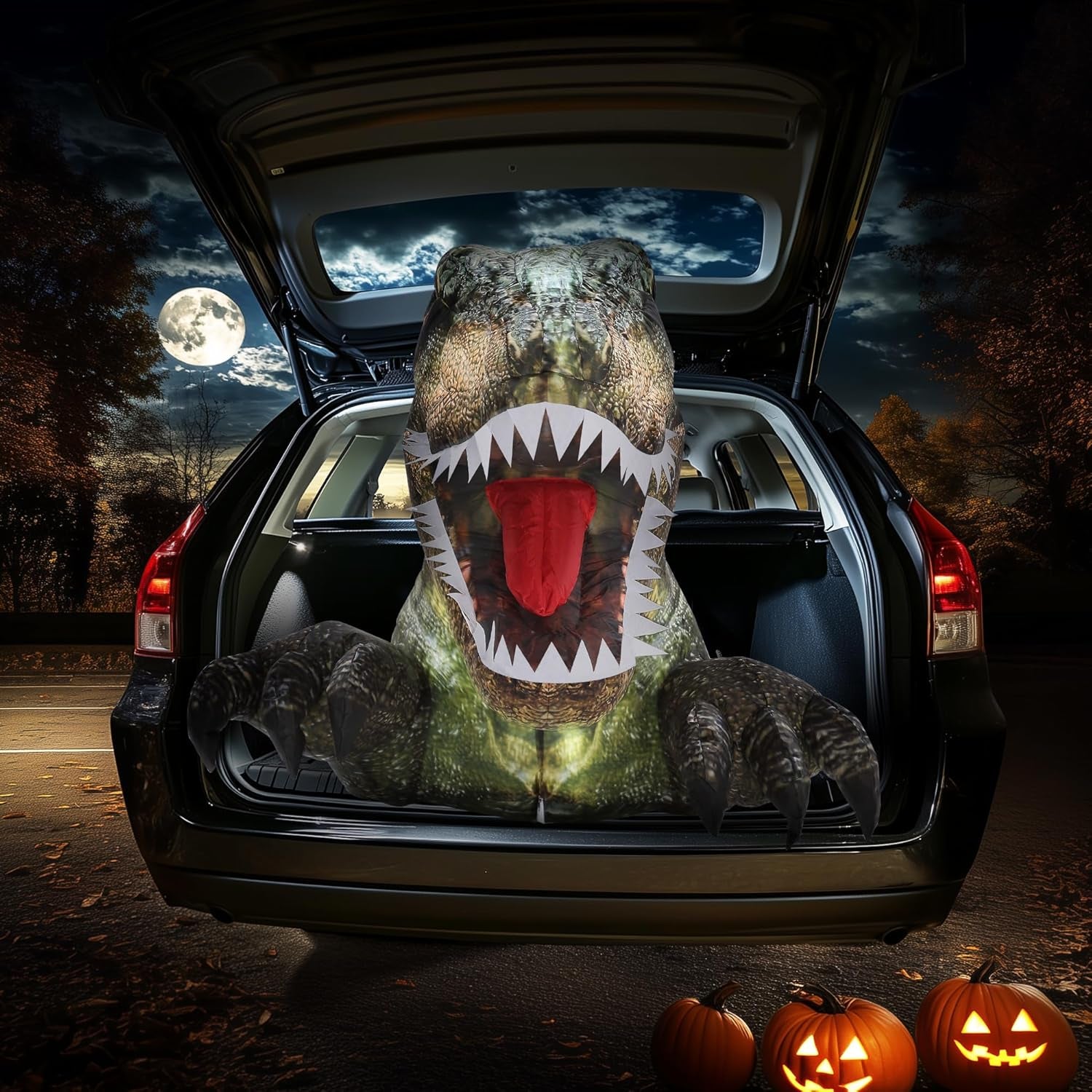 3.6 FT Halloween Inflatable Outdoor Decorations, Trunk or Treat Car Decorations, Halloween Blow Ups Animated Dinosaur with LEDs for Halloween Decor