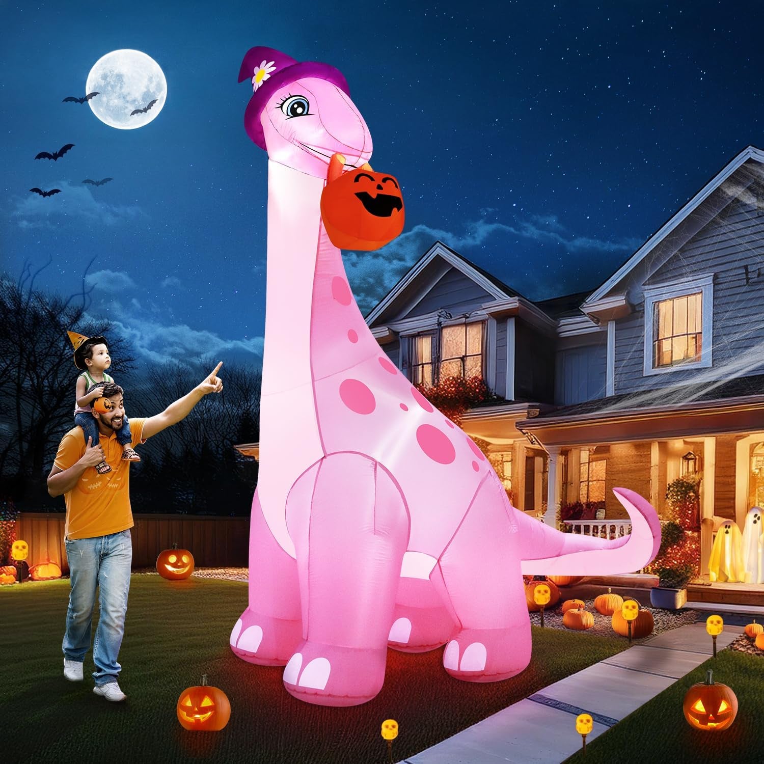 12FT Giant Halloween Inflatables Decorations Outdoor Pink Dinosaur, Huge Halloween Blow up Yard Decorations Dino with Large Pumpkin Witch Hat Build-In LED Light Strong Blower for Party Lawn