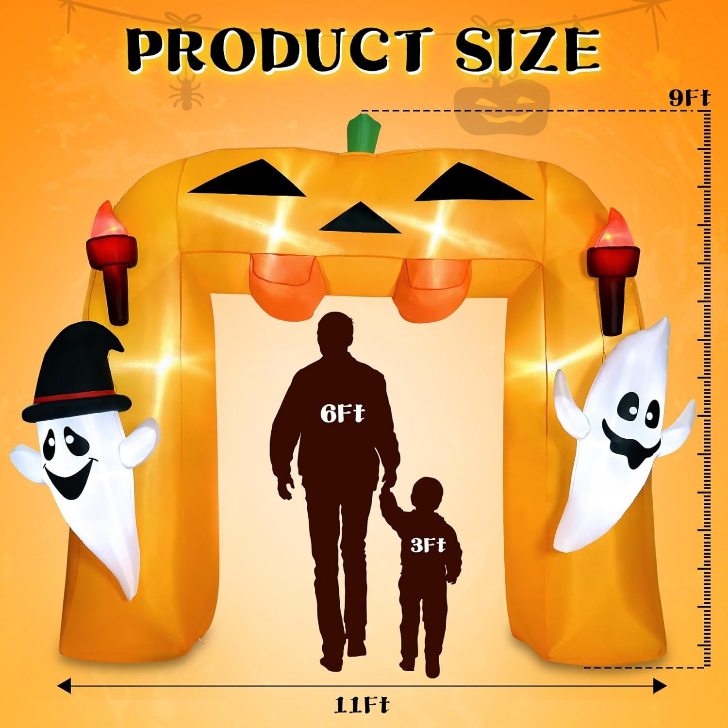 9FT Giant Halloween Inflatable Pumpkin Arch with Ghost Outdoor Decoration,Halloween Blow Up Archway with Tombstones and Around Cauldron Built-in LED Lights Yard Decorations Parties