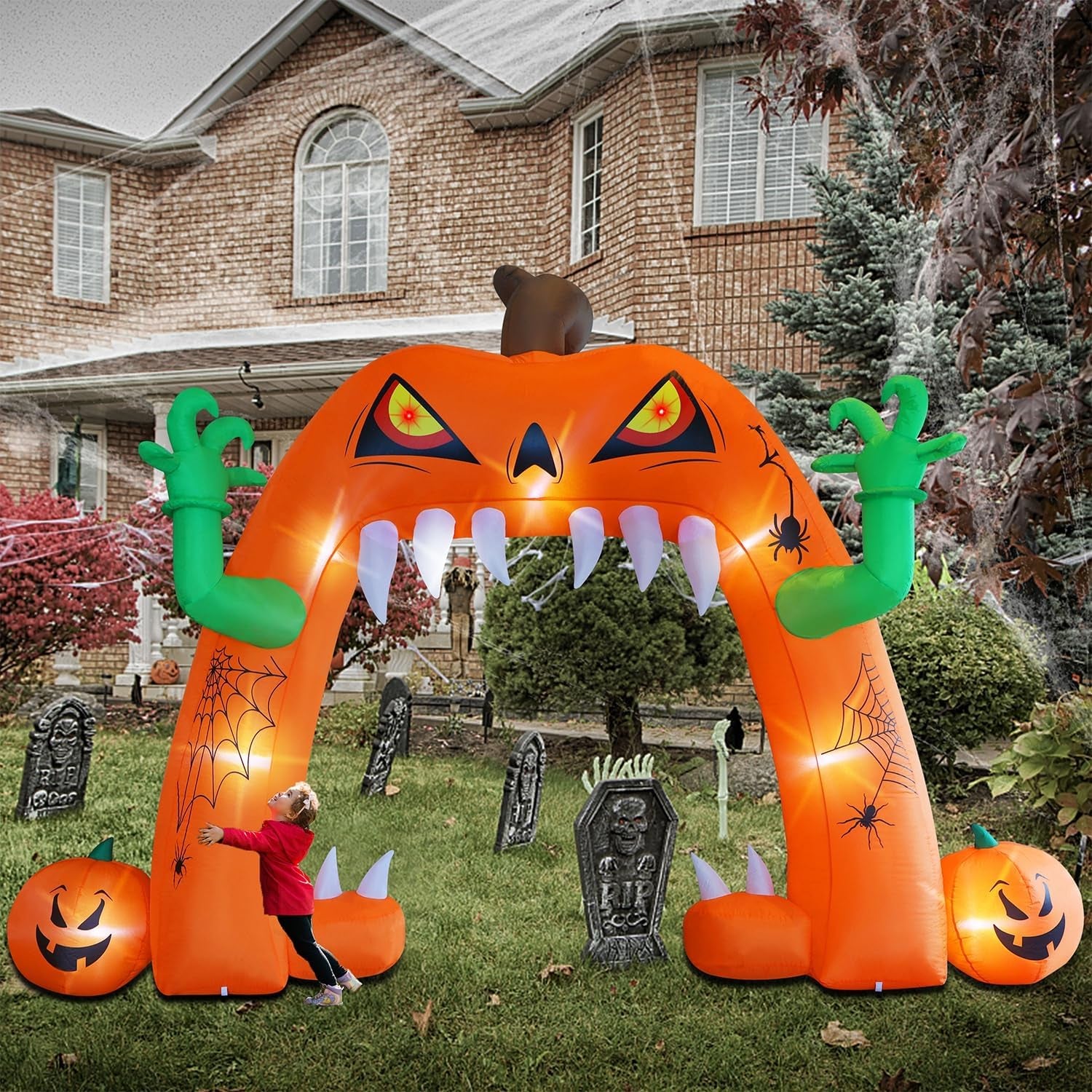 Halloween Inflatable Lighted Pumpkin Archway 13 FT(L) x 10 FT(H), Giant Jack-O-Lantern Lawn Arch with Build-in LED, Animated Halloween Yard Prop, Outdoor Holiday Blow up Decor