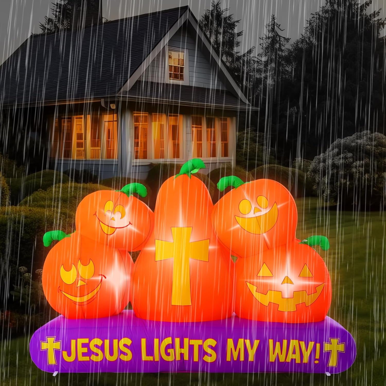 5 ft Halloween Christian Inflatable Pumpkins Decoration for Outdoor Jesus Lights My Way Inflatable Pumpkins Trunk or Treat Blow up Yard Decor Halloween with LED for Garden Lawn Holiday Decor