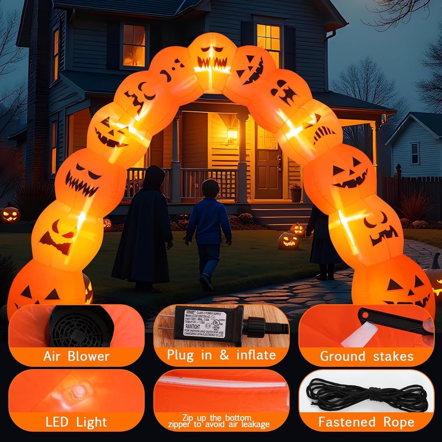 10 ft Giant Halloween Inflatable Jack O Pumpkin Archway Decoration LED Light up Giant Blow up Pumpkin Arch for Halloween Party Indoor Outdoor Garden Yard Decor