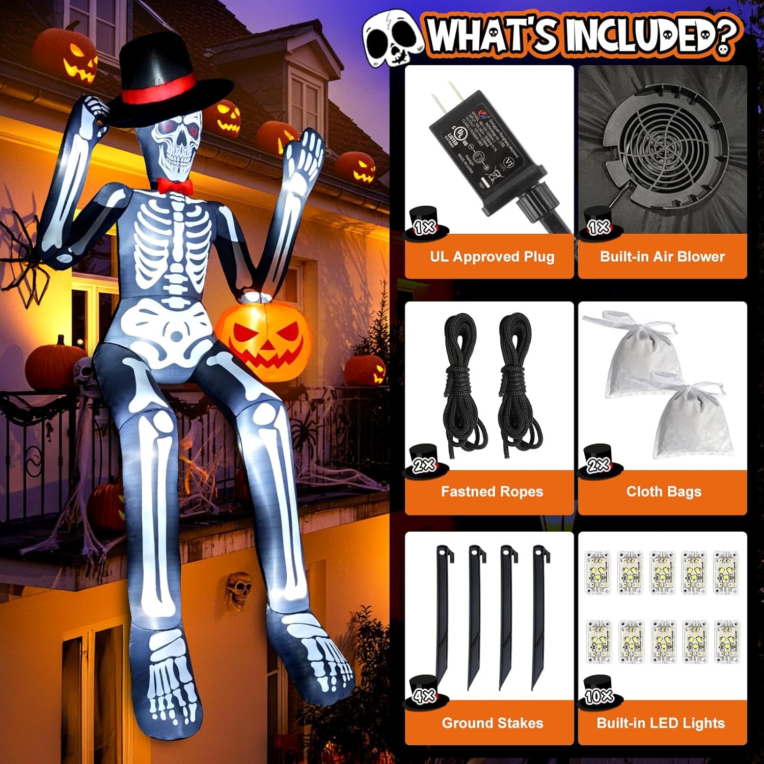 12 FT Halloween Inflatable Outdoor Decoration, Giant Sitting Skeleton Halloween Blow up Yard Decorations with Built-in LEDs, Scary Halloween Inflatables for Roof Balcony Lawn Garden Decor