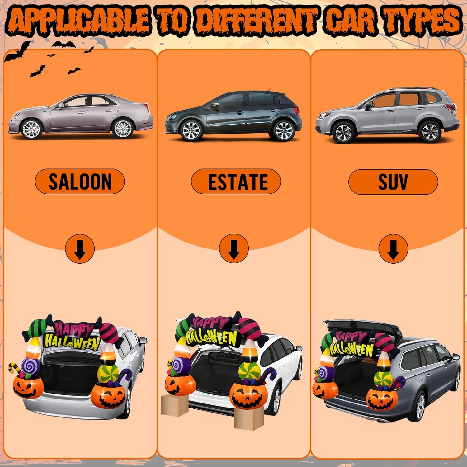 6FT Height Halloween Inflatables Trunk or Treat Car Decorations, Candy Pumpkin Arch Blow up Decorations with Built-in LED Lights Up for Halloween Party Lawn Yard SUV Car Luggage Decor