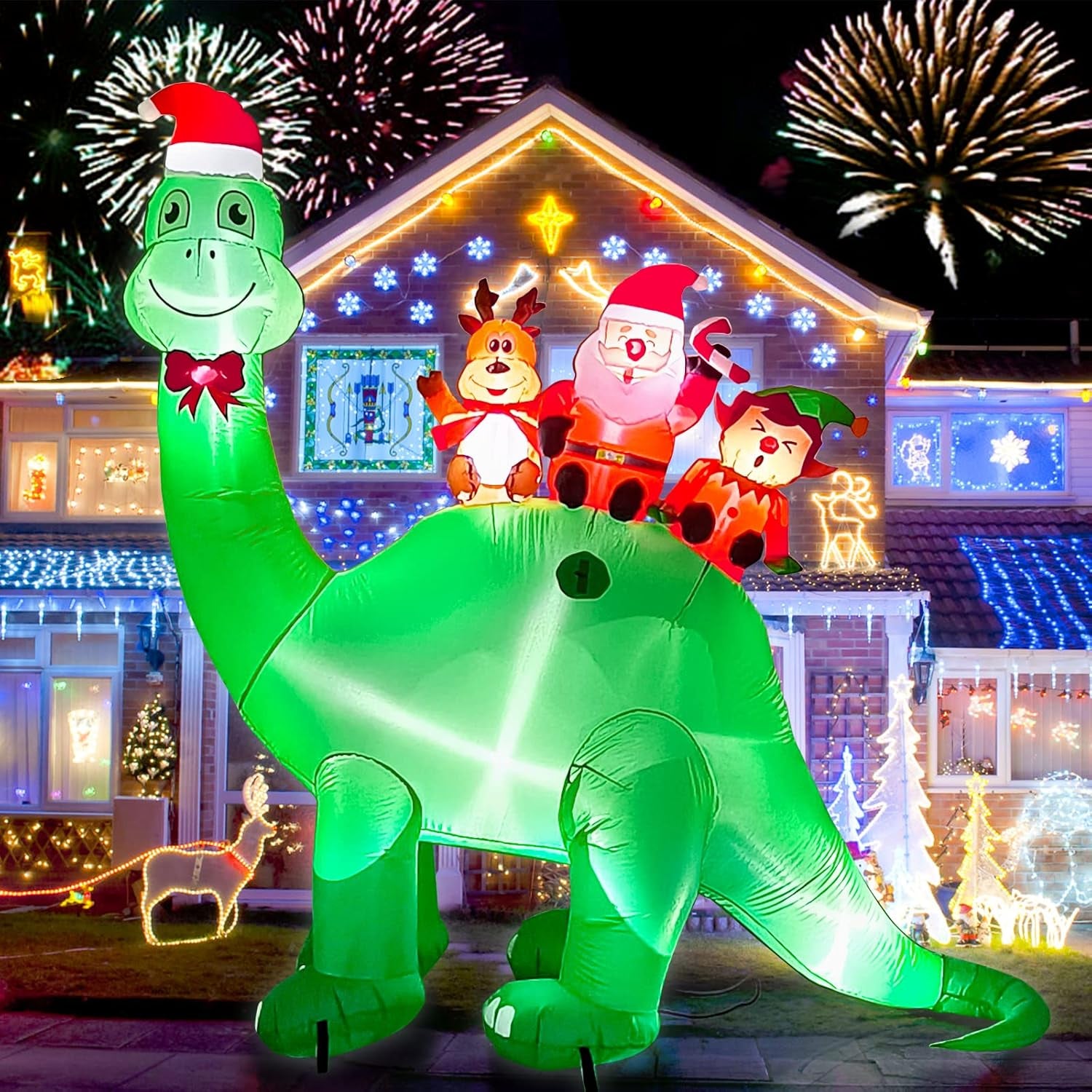7Ft Christmas Inflatables Outdoor Decorations Dinosaur with Elk Elf Santa Claus Blow Up Yard Decorations with Built-in LED Lights for Garden Lawn Outdoor Yard Xmas Winter Holiday Supplies