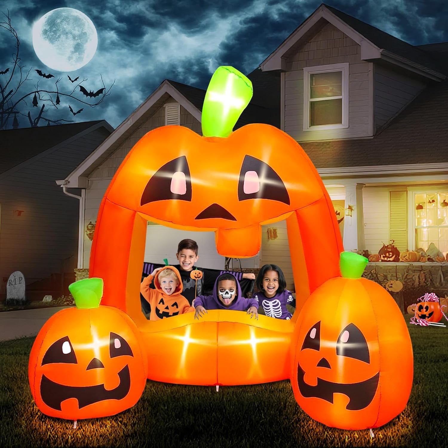 7ft Halloween Inflatables Pumpkin Photo Booth, Blow Up Quirky Pumpkin Photo Frame Inflatables Build-in LEDs Holiday Blow Up Inflate Decorations for Outdoor, Indoor, Lawn, Yard Display Decor