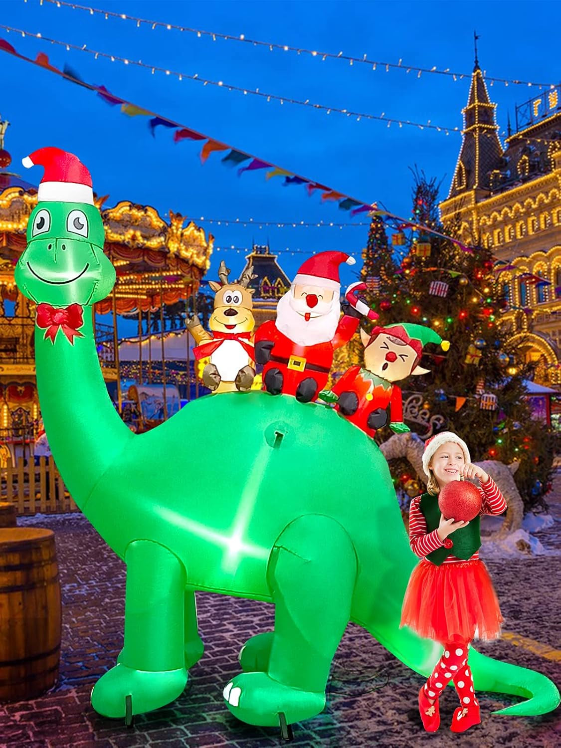 7Ft Christmas Inflatables Outdoor Decorations Dinosaur with Elk Elf Santa Claus Blow Up Yard Decorations with Built-in LED Lights for Garden Lawn Outdoor Yard Xmas Winter Holiday Supplies