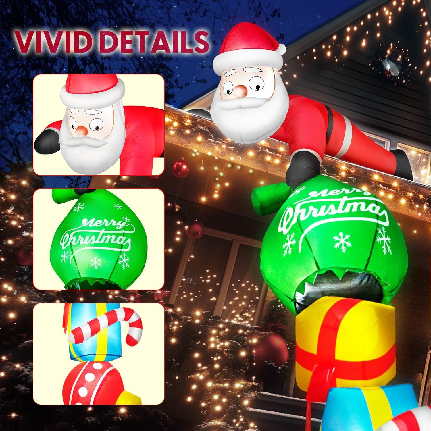 8FT Hanging Christmas Inflatable Outdoor Decoration Climbing Santa Pulling Gift Box Bag Funny Christmas Blow Up Yard Decorations with Built-in LEDs for Roof Balcony Window Tree Xmas Decor