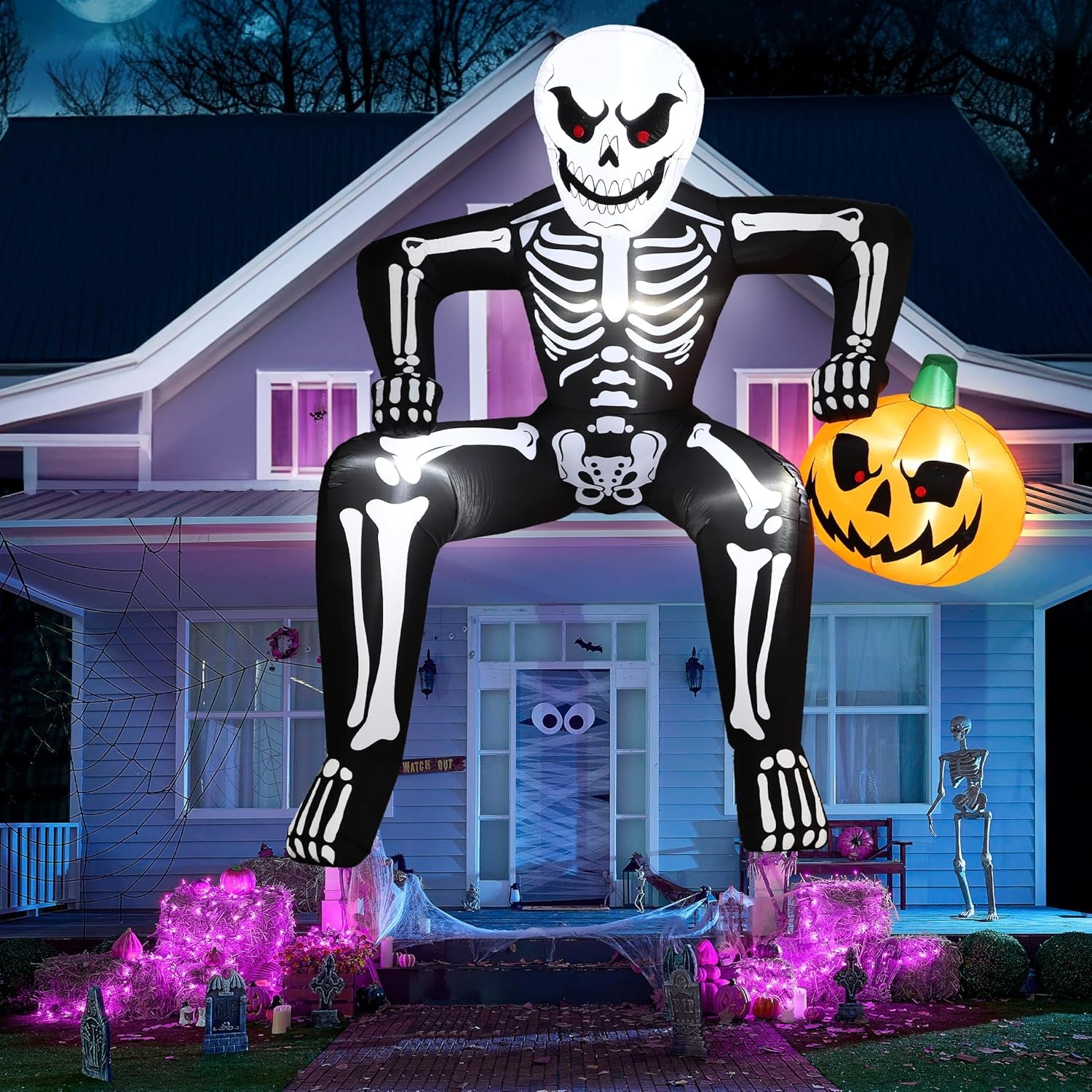 8.5ft Halloween Inflatable Skeleton, Blow Up Skeleton Holding Pumpkin for Rooftop Outdoor Decoration with LED Light, Blow Up Skeleton Sitting On The Roof for Halloween Rooftop Yard Party Decor