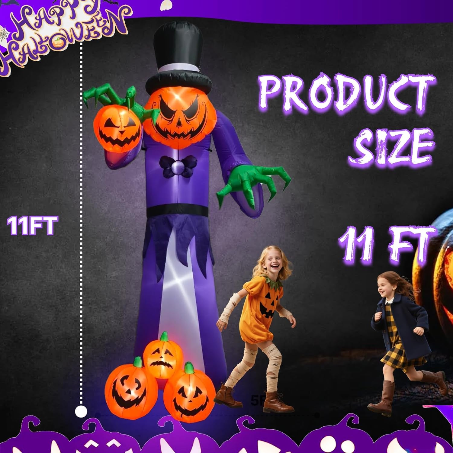 11FT Giant Halloween Inflatables Pumpkin Grim Reaper Outdoor Decoration Built-In LED Lights, Halloween Blow up Pumpkin Monster for Halloween Party Indoor, Outdoor, Yard, Garden, Lawn Decor