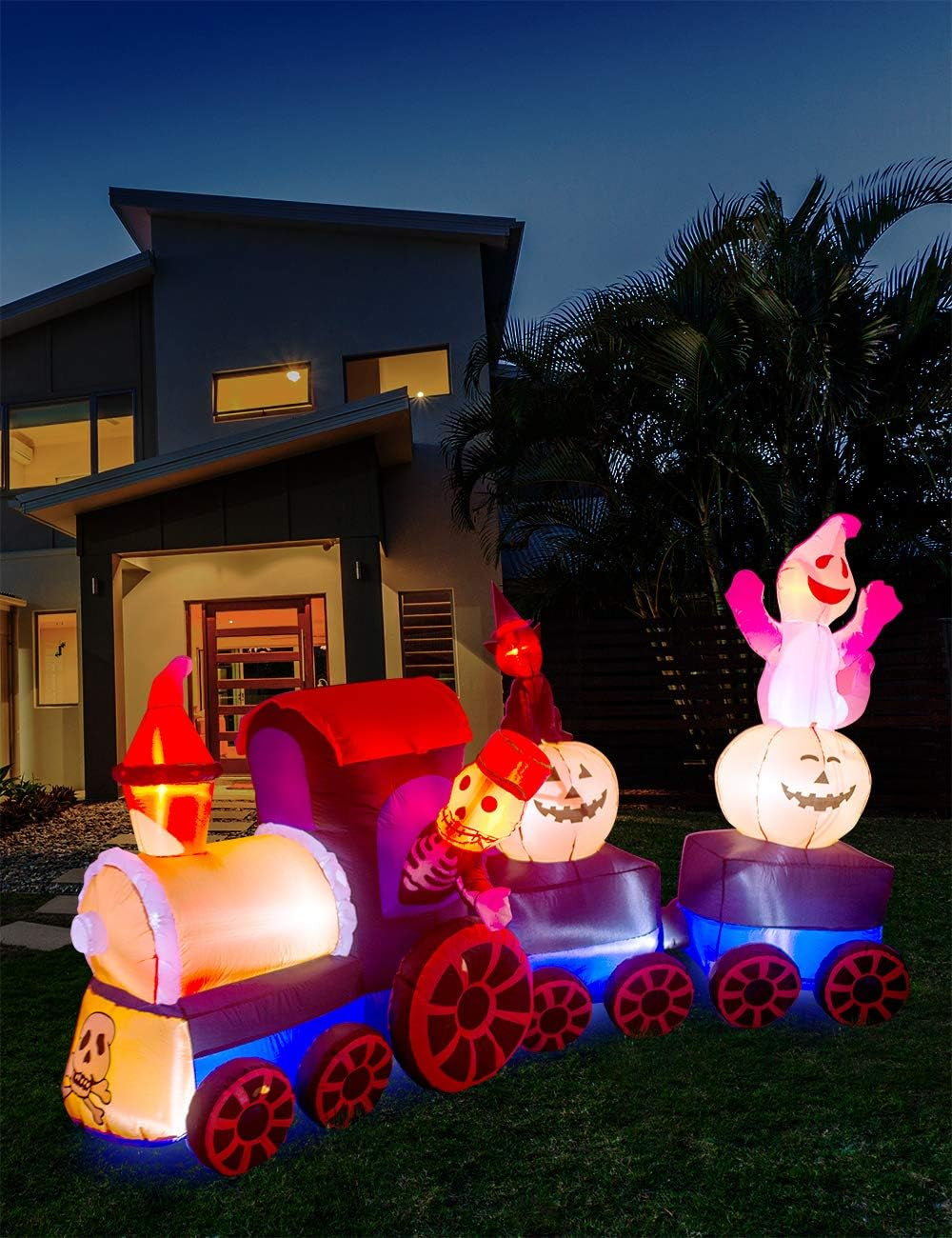 9 Feet Halloween Inflatable Train with Kittens White Ghosts/Pumpkin with LED Lights Blow up Lighted Yard Decor Giant Lawn Halloween Inflatable Home Garden Party Favor Decoration