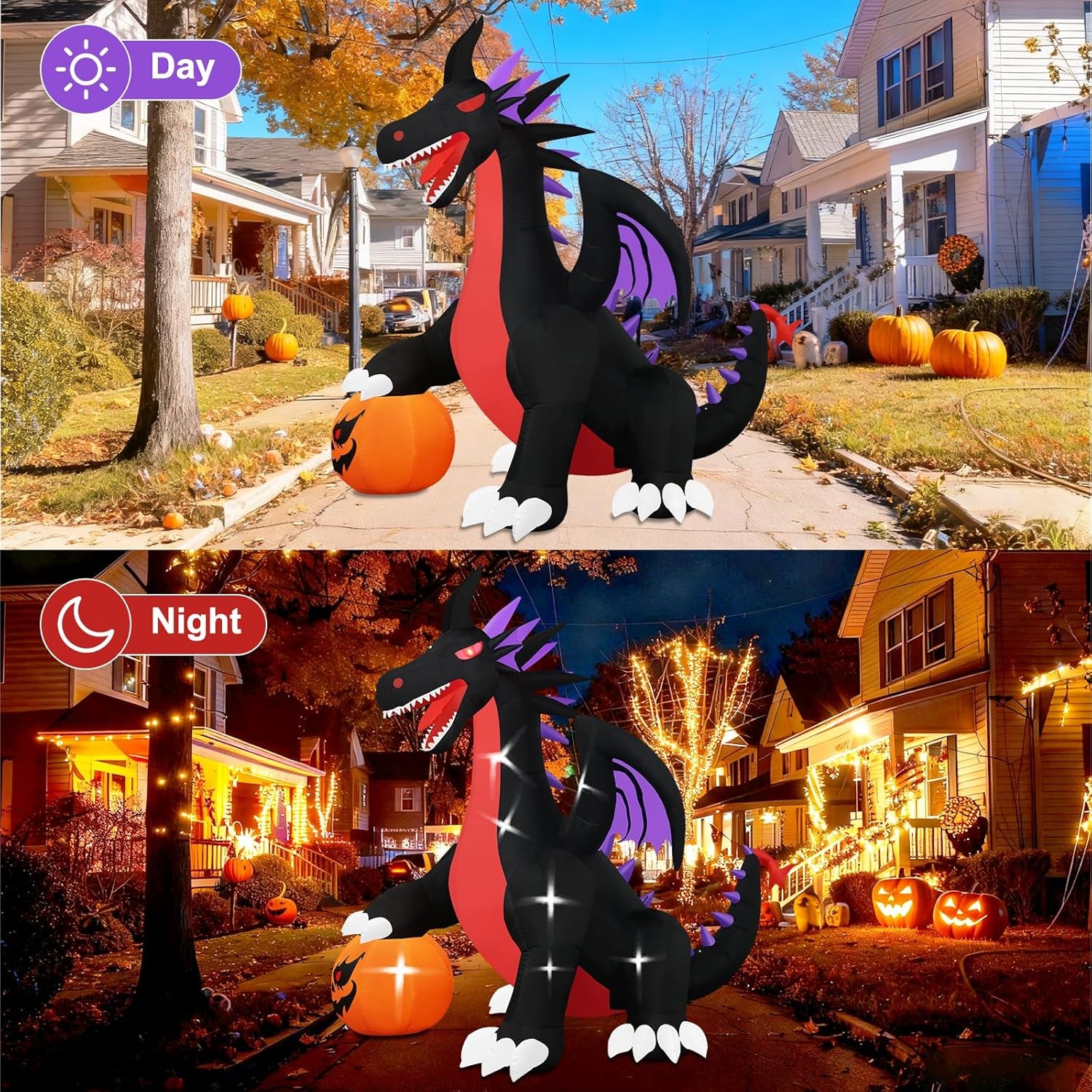 10Ft Tall Halloween Inflatables Giant Pumpkin Dragon Outdoor Decorations, Huge Blow up Pterosaur Yard Decor Build-In 17 Led Lights for outside Holiday Party Lawn Garden