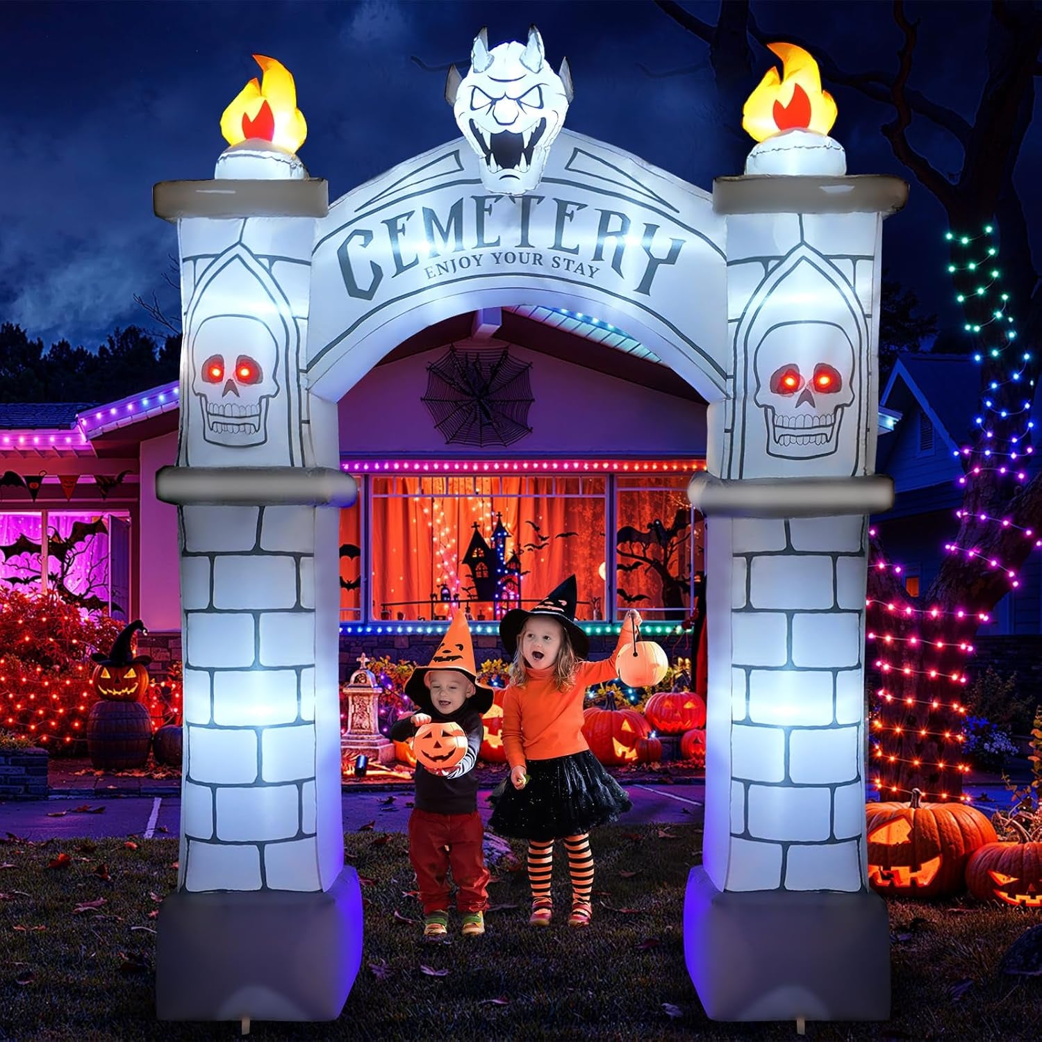 9.5FT Halloween Inflatable Archway, Giant Blow up Arch Yard Decorations with Skeleton, CEMETERY, Wisp, Demon, Outdoor Halloween Decorations Build-In Leds Lights for Yard, Party, Garden, Lawn