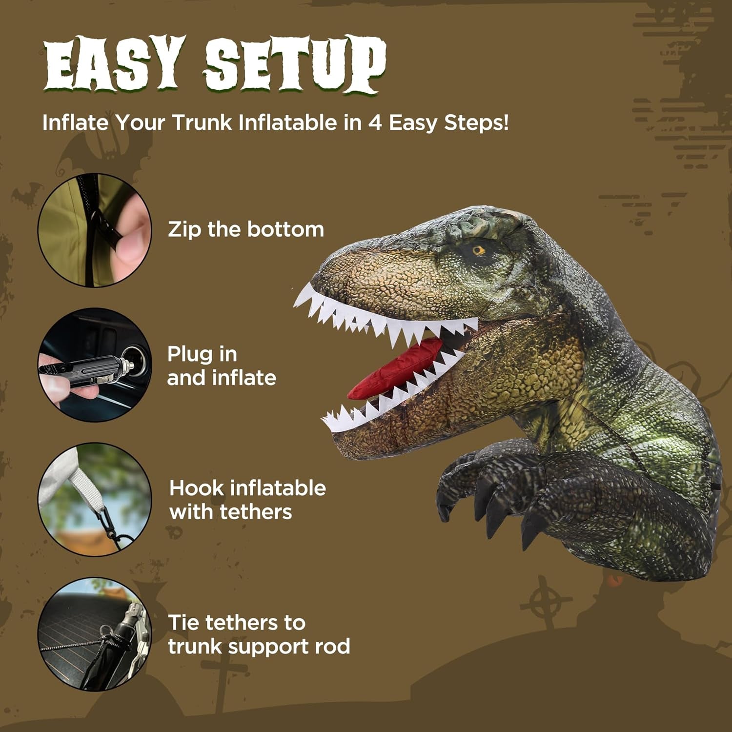 3.6 FT Halloween Inflatable Outdoor Decorations, Trunk or Treat Car Decorations, Halloween Blow Ups Animated Dinosaur with LEDs for Halloween Decor