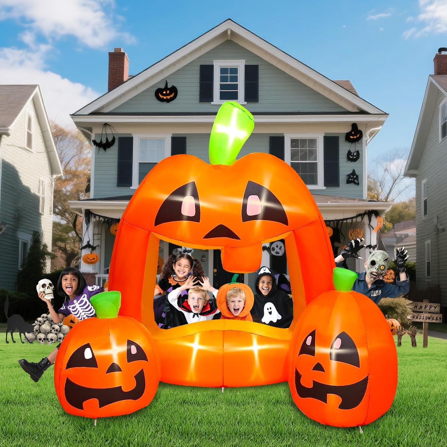 7ft Halloween Inflatables Pumpkin Photo Booth, Blow Up Quirky Pumpkin Photo Frame Inflatables Build-in LEDs Holiday Blow Up Inflate Decorations for Outdoor, Indoor, Lawn, Yard Display Decor