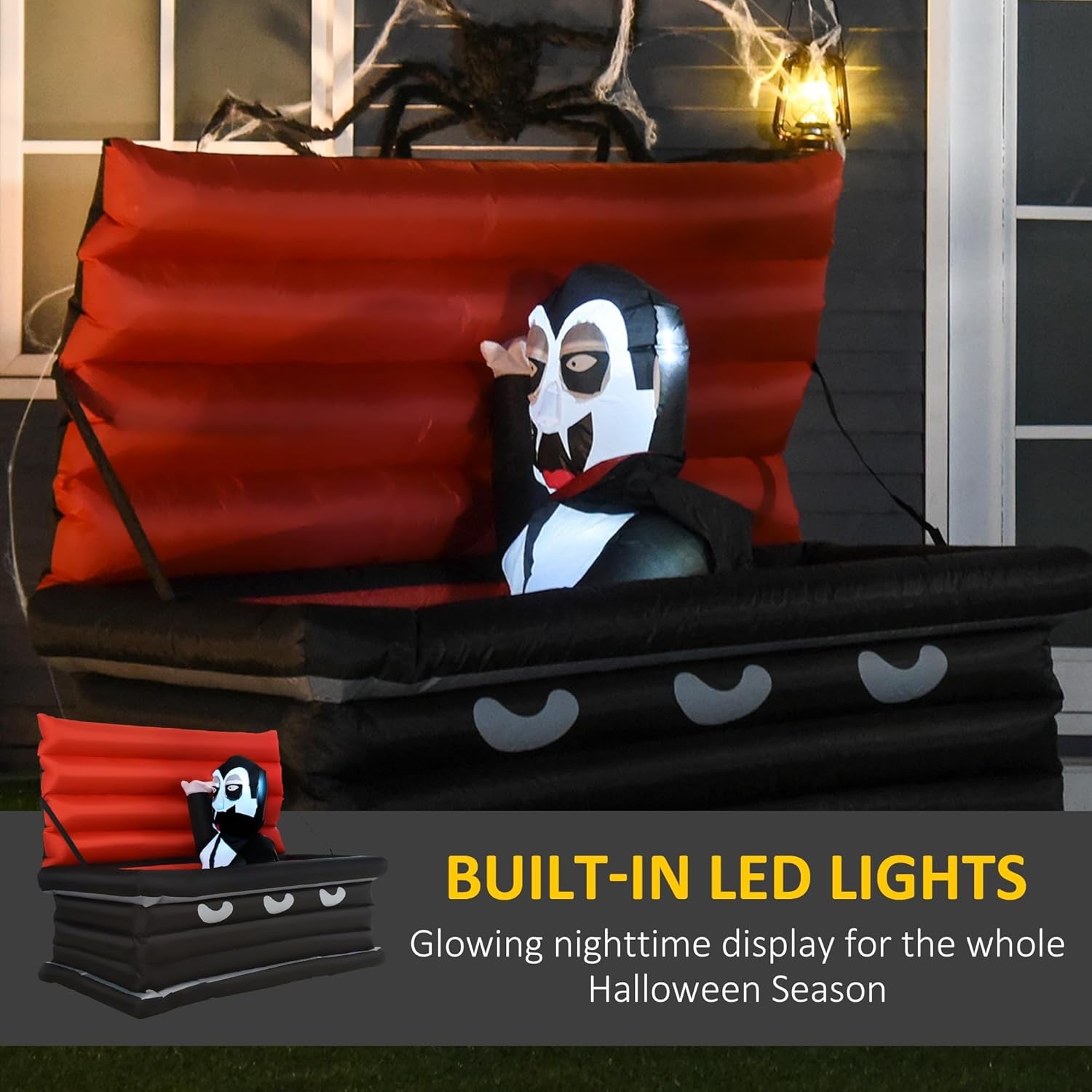 6FT W Halloween Inflatables Outdoor Decorations Vampire and Giant Coffin, Blow Up LED Yard Decor, for Garden, Lawn, Party, Holiday