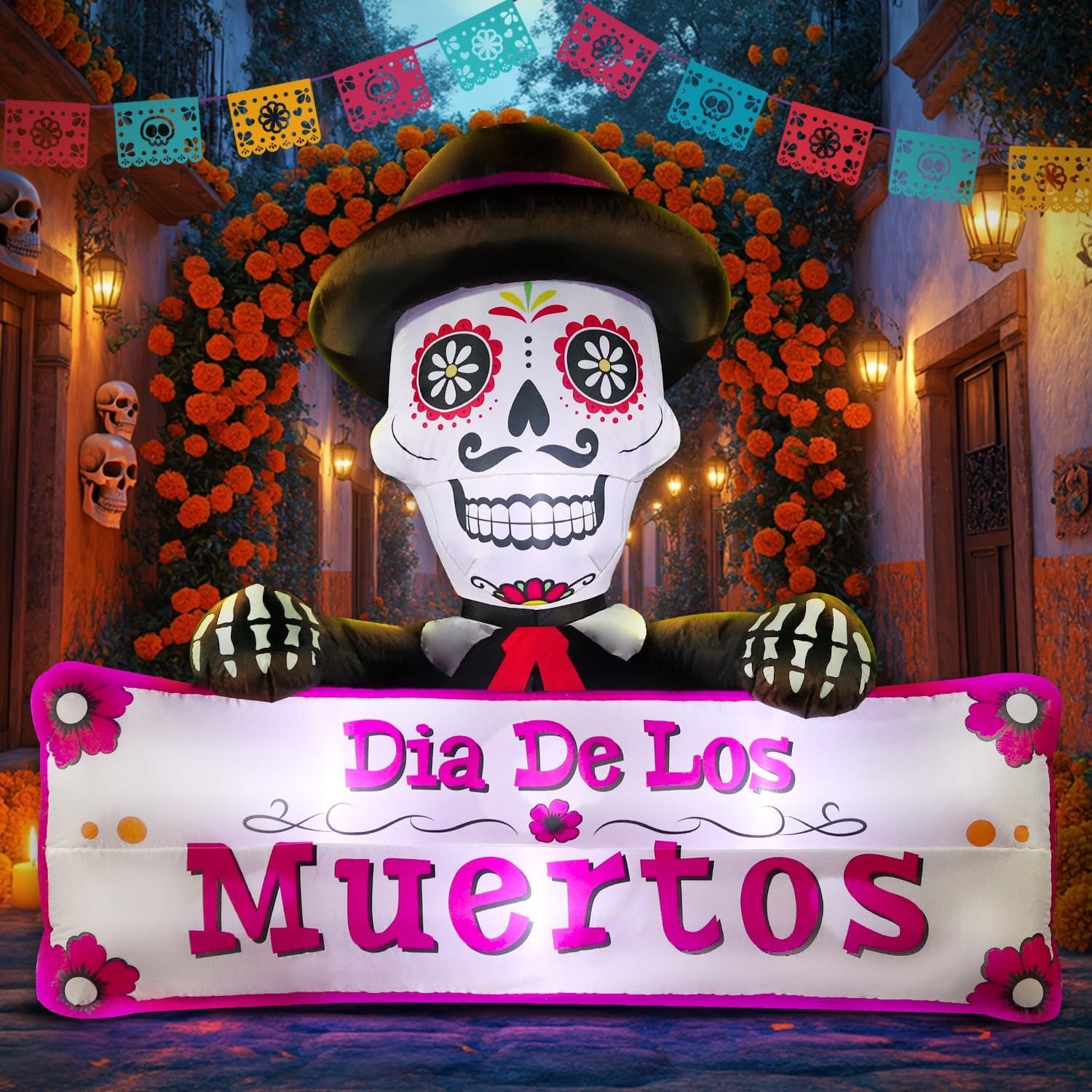 6FT Halloween Inflatable Blow Up Decorations, Dia de Los Muertos Day of Dead Banner, Build-in LED Lights Holiday Blow Up Yard Decoration for Halloween Party Outdoor Garden Yard Lawn Decor