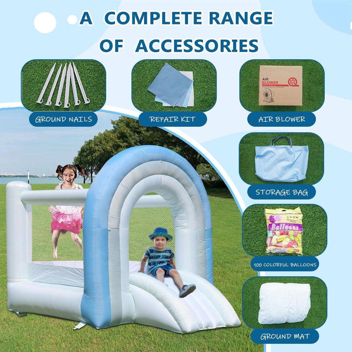 Bounce House, Inflatable Bounce House for Kids 3-8, White Blue Dream Bounce Castle with Blower, Large Jumping Area, Slide, DIY Rainbow Shaped Arched Doors, Perfect Bouncer for Kids Party