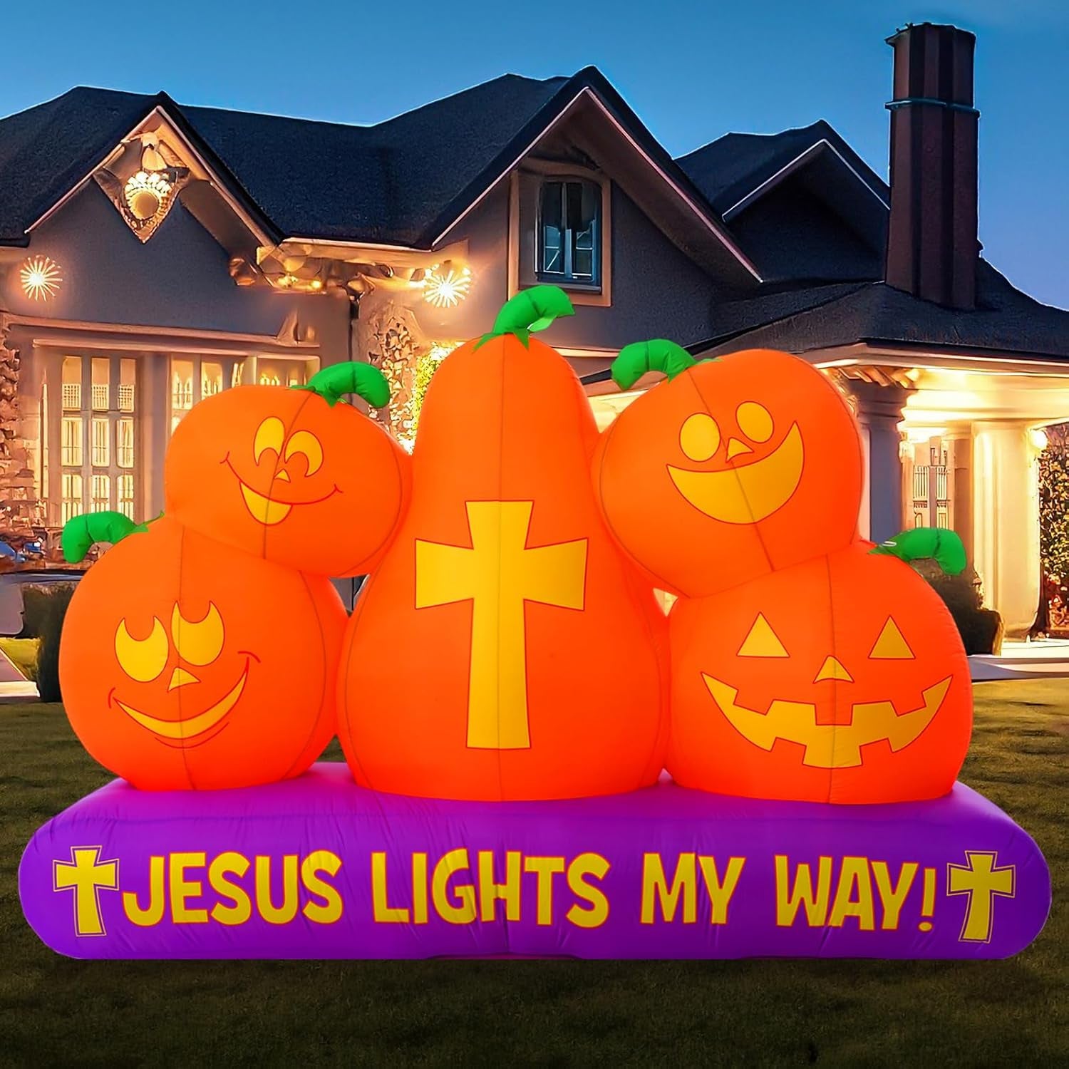 5 ft Halloween Christian Inflatable Pumpkins Decoration for Outdoor Jesus Lights My Way Inflatable Pumpkins Trunk or Treat Blow up Yard Decor Halloween with LED for Garden Lawn Holiday Decor