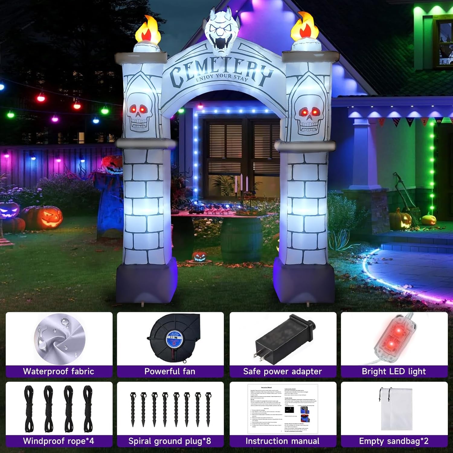 9.5FT Halloween Inflatable Archway, Giant Blow up Arch Yard Decorations with Skeleton, CEMETERY, Wisp, Demon, Outdoor Halloween Decorations Build-In Leds Lights for Yard, Party, Garden, Lawn