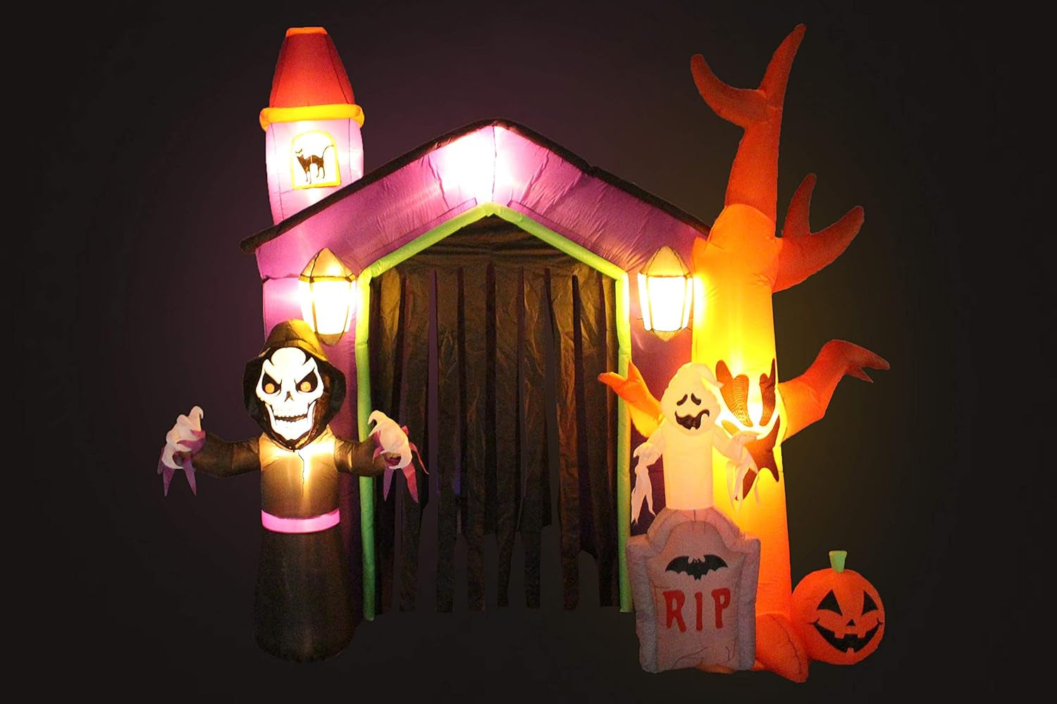 8.5 Foot Halloween Inflatable Haunted House Castle with Skeleton, Ghost, Tree and Pumpkin Lights Decor Outdoor Indoor Holiday Decorations, Blow up