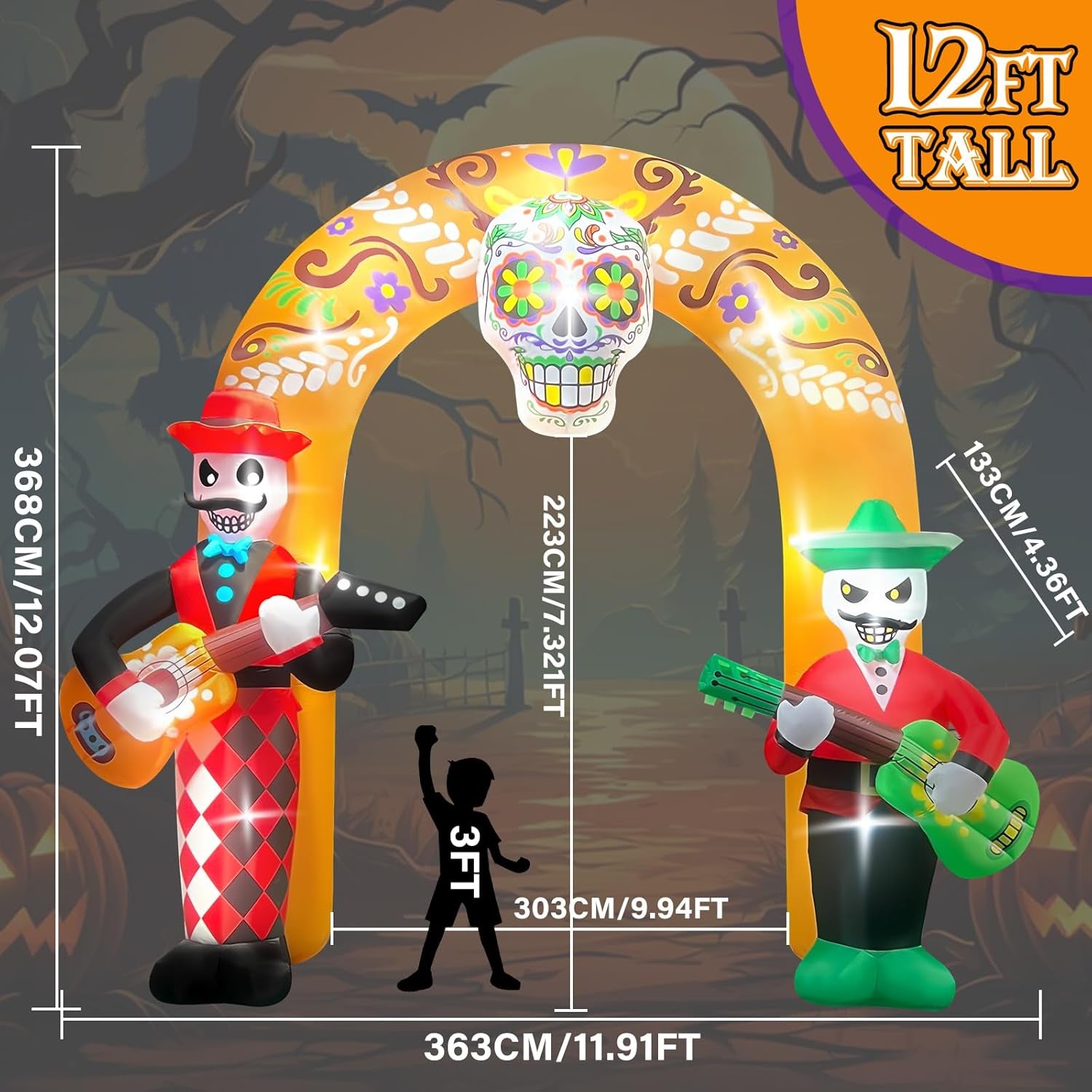 12FT Halloween Inflatables Archway, Day of The Dead Arch Inflatable with Build-in LED Lights Dia De Los Muertos Blow Up Yard Decoration Sugar Skull Halloween Outdoor Decors for Garden Lawn