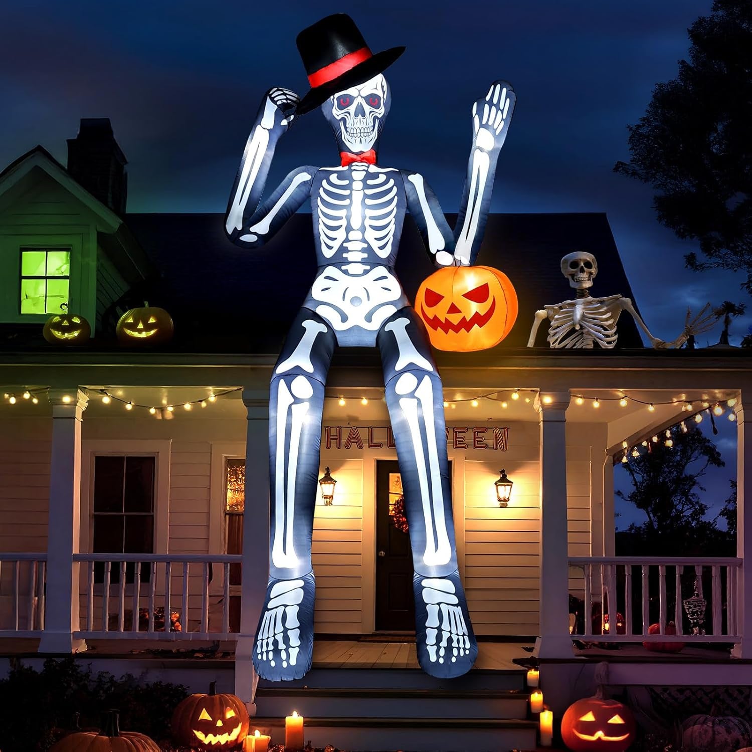 12 FT Halloween Inflatable Outdoor Decoration, Giant Sitting Skeleton Halloween Blow up Yard Decorations with Built-in LEDs, Scary Halloween Inflatables for Roof Balcony Lawn Garden Decor