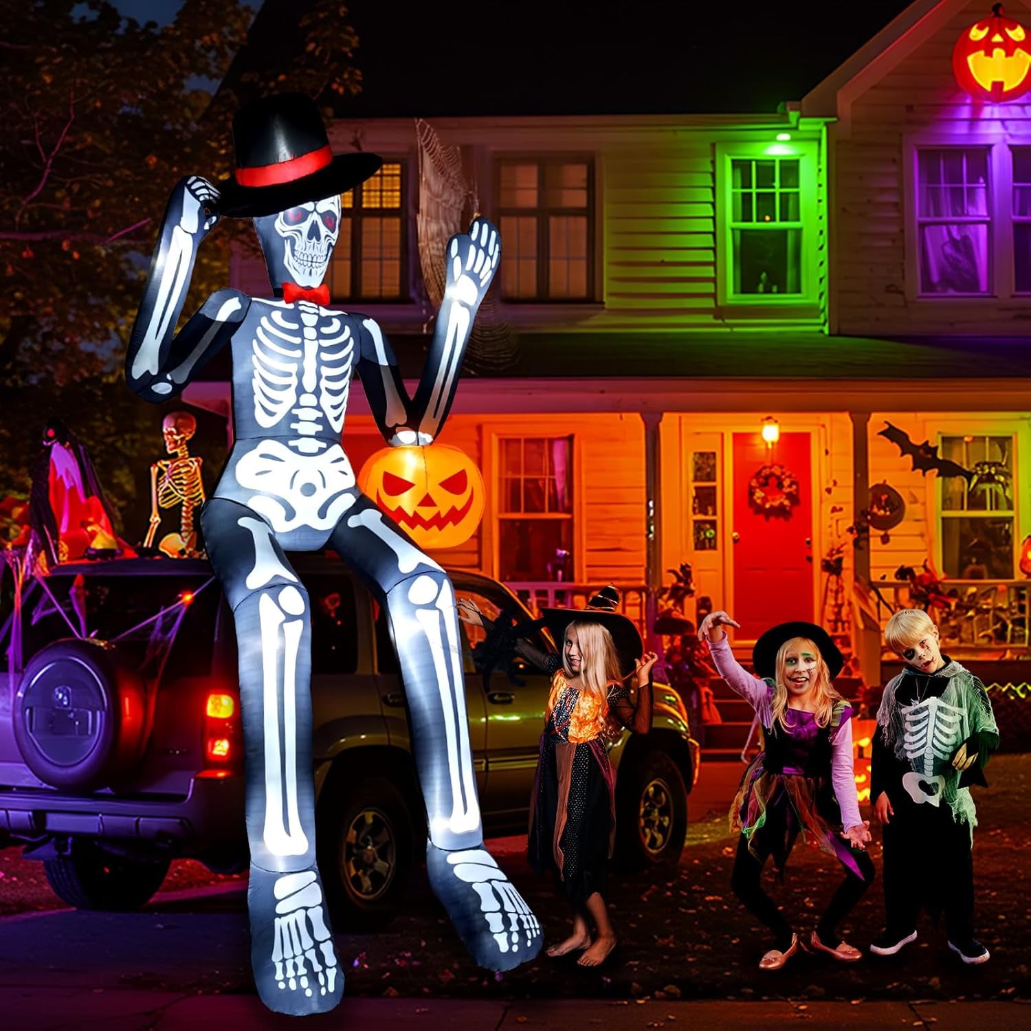 12 FT Halloween Inflatable Outdoor Decoration, Giant Sitting Skeleton Halloween Blow up Yard Decorations with Built-in LEDs, Scary Halloween Inflatables for Roof Balcony Lawn Garden Decor