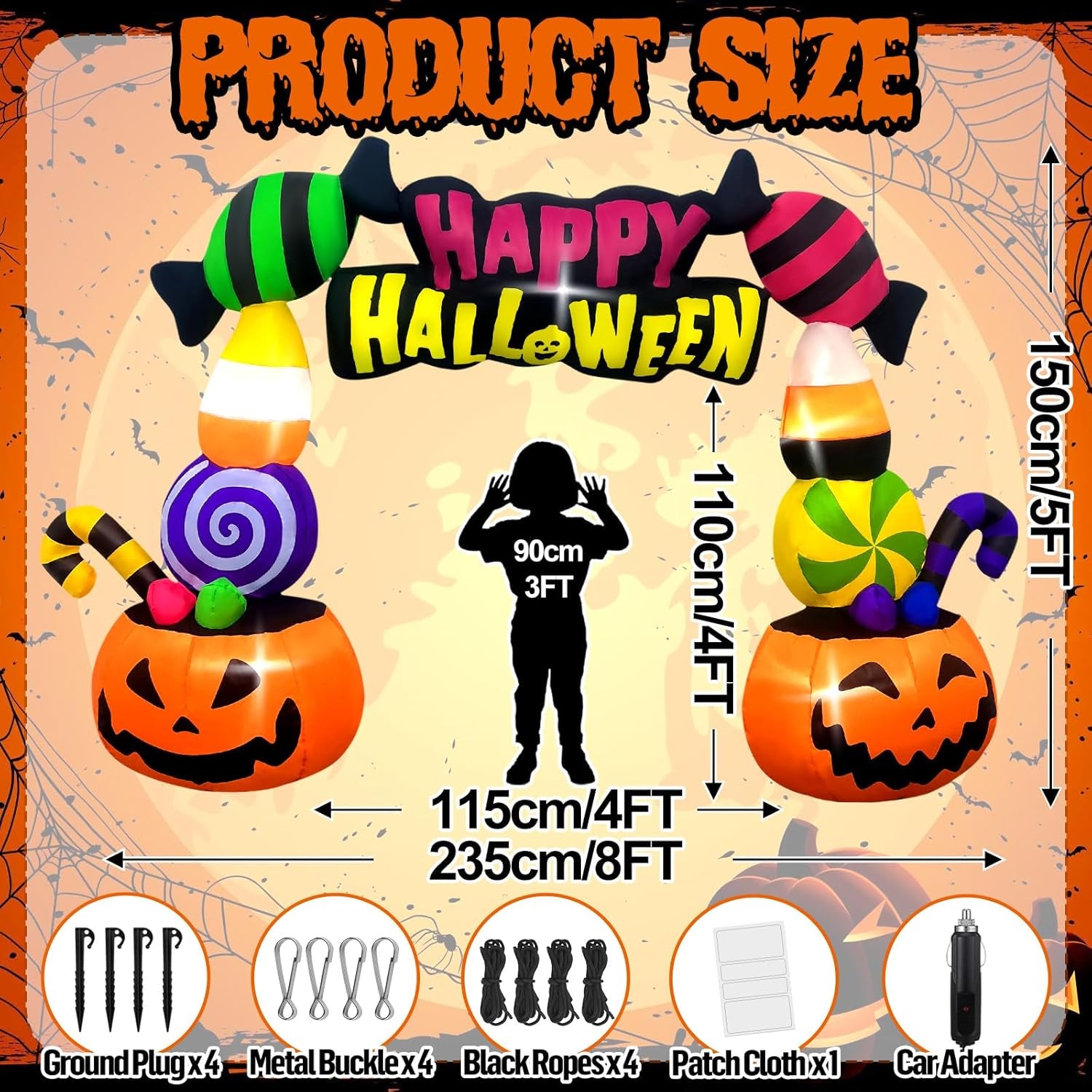 6FT Height Halloween Inflatables Trunk or Treat Car Decorations, Candy Pumpkin Arch Blow up Decorations with Built-in LED Lights Up for Halloween Party Lawn Yard SUV Car Luggage Decor