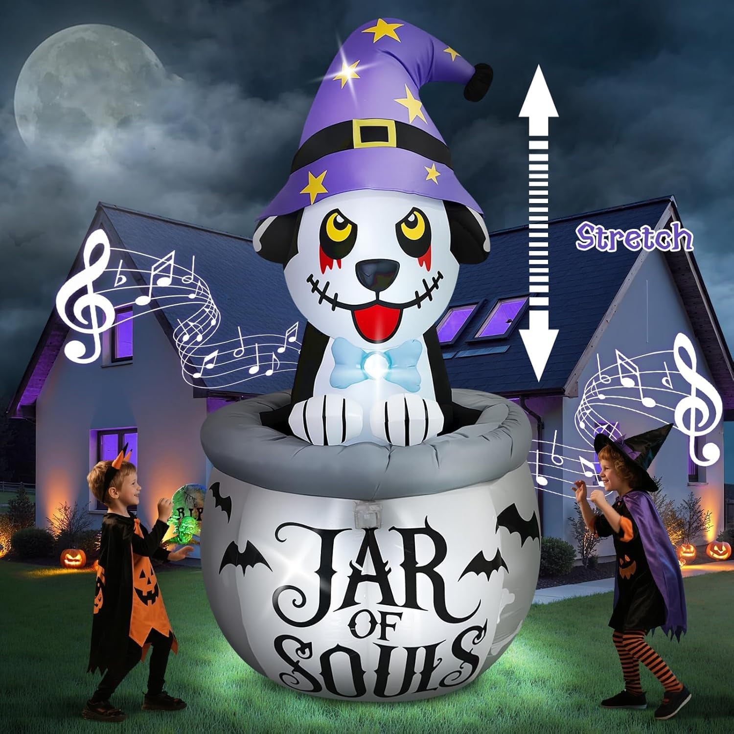 7FT Halloween Inflatables Animated Puppy Dog with Music, Witch Cauldron Halloween Blow Up Yard Decoration with Built-in LEDs for Indoor Outdoor Holiday Party Garden Lawn Decor