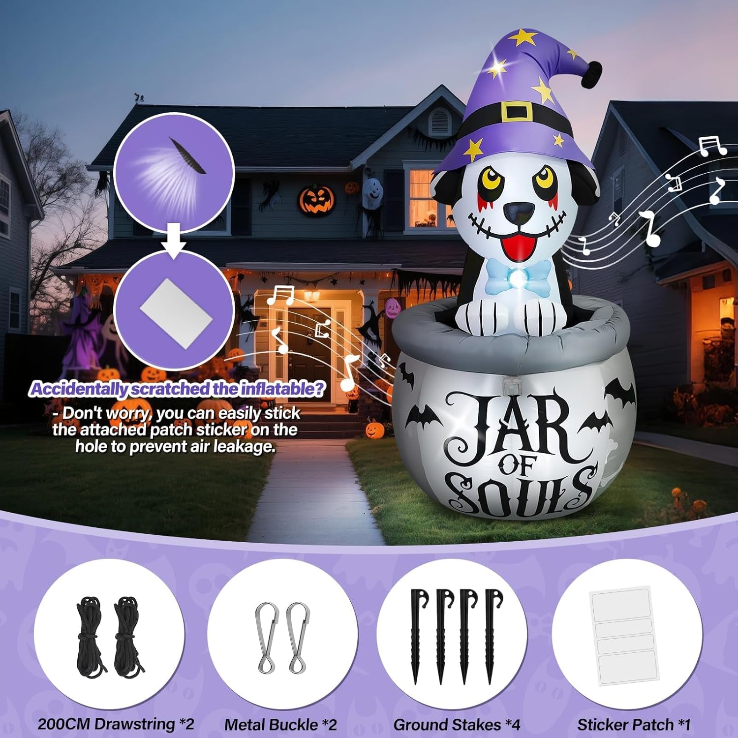 7FT Halloween Inflatables Animated Puppy Dog with Music, Witch Cauldron Halloween Blow Up Yard Decoration with Built-in LEDs for Indoor Outdoor Holiday Party Garden Lawn Decor